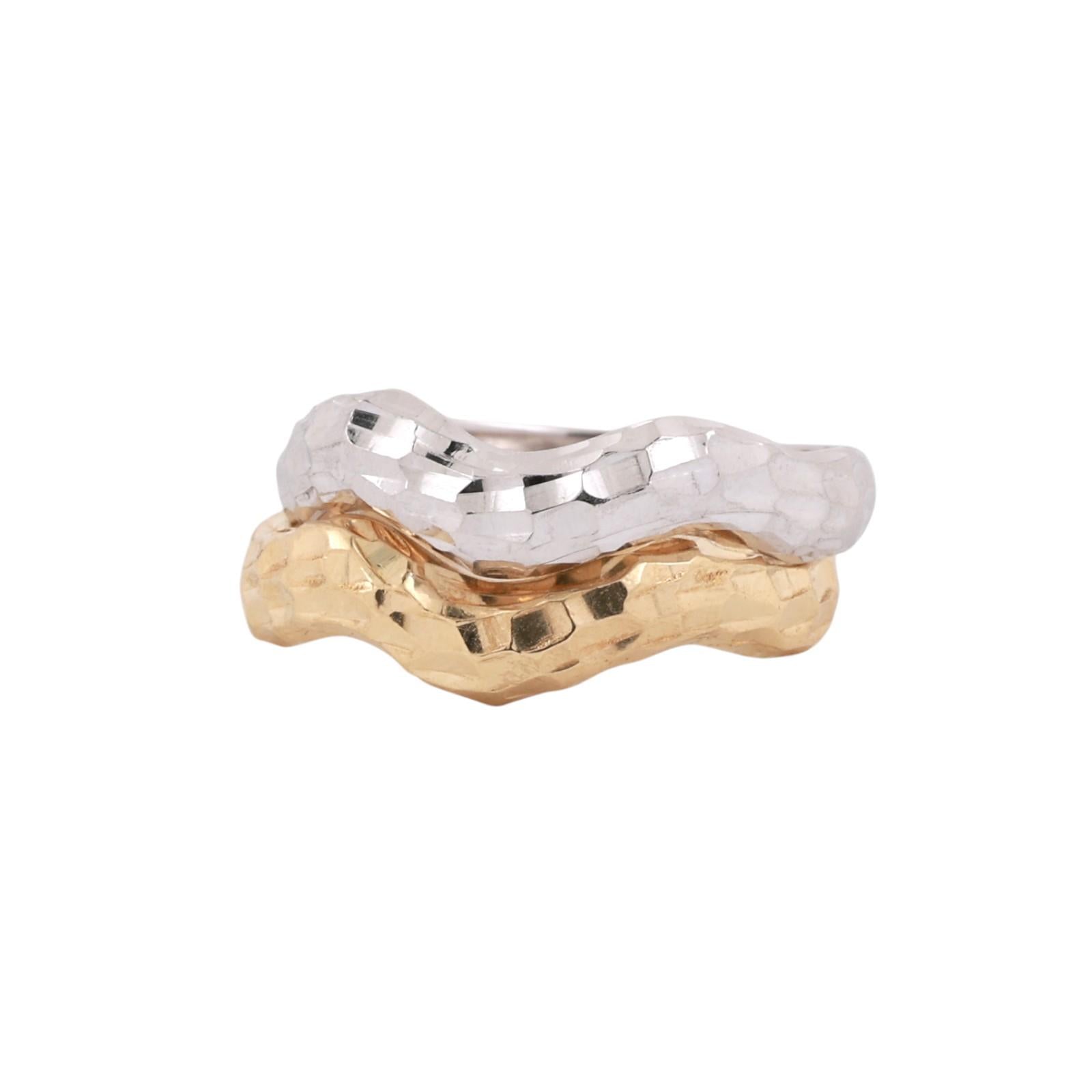 Italian Two Tone Gold Hammered Stacking Rings 18K White Yellow Gold Size 7