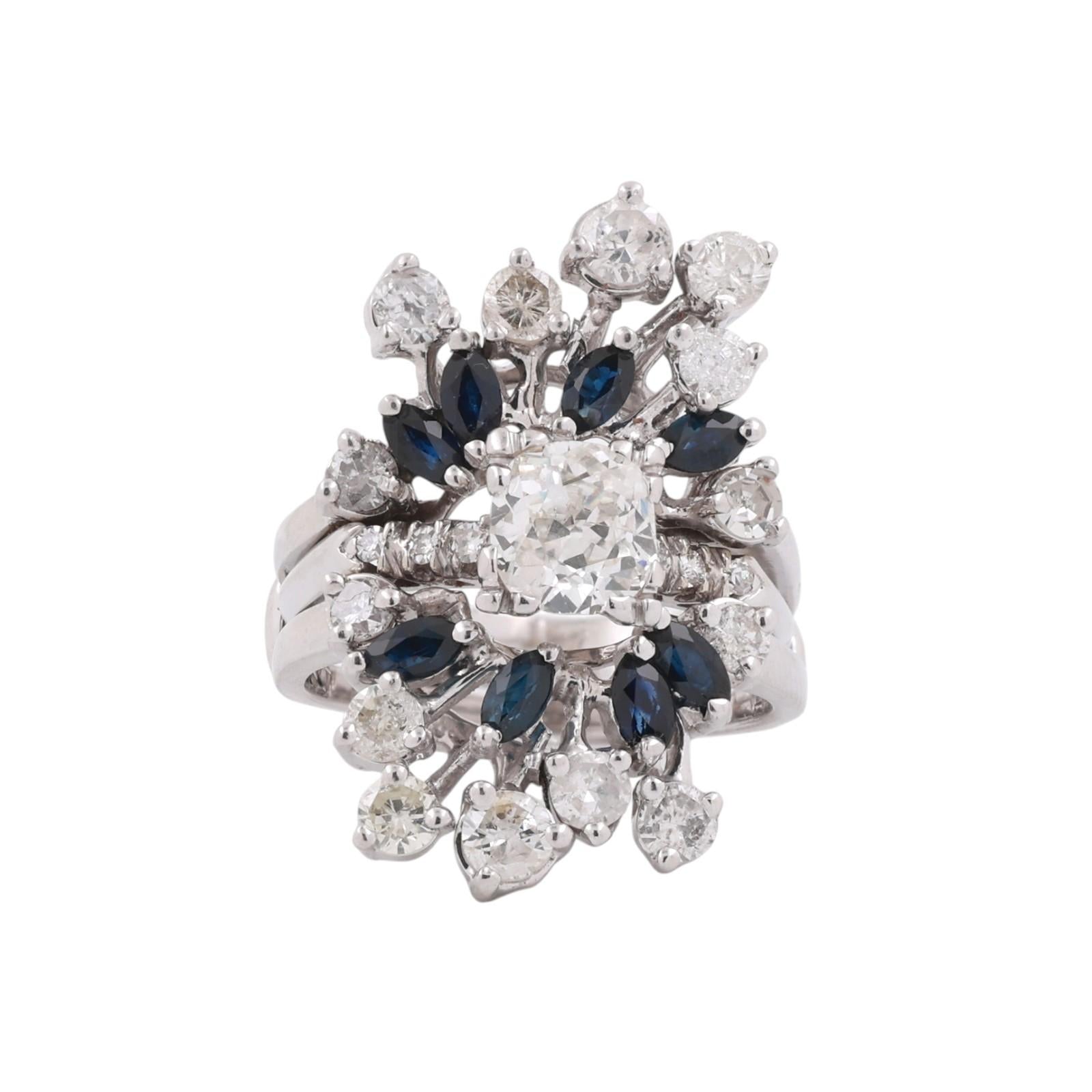 Vintage White Gold Old European Cut Diamond Sapphire Cluster Ring 3.39CTW