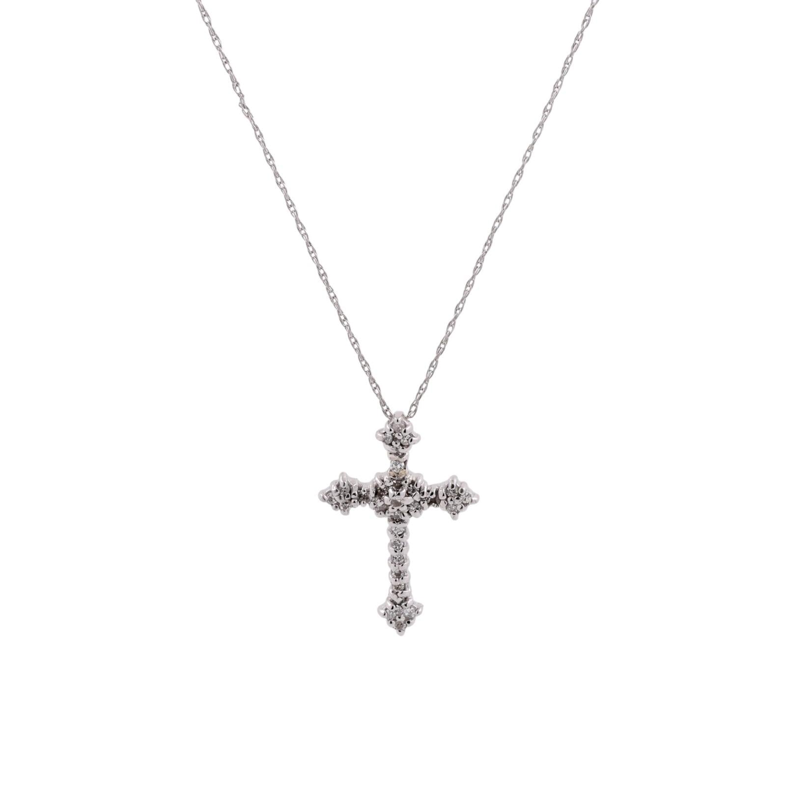 14K White Gold Diamond Cross Pendant Necklace 0.20 CTW Round Brilliant 19" Chain