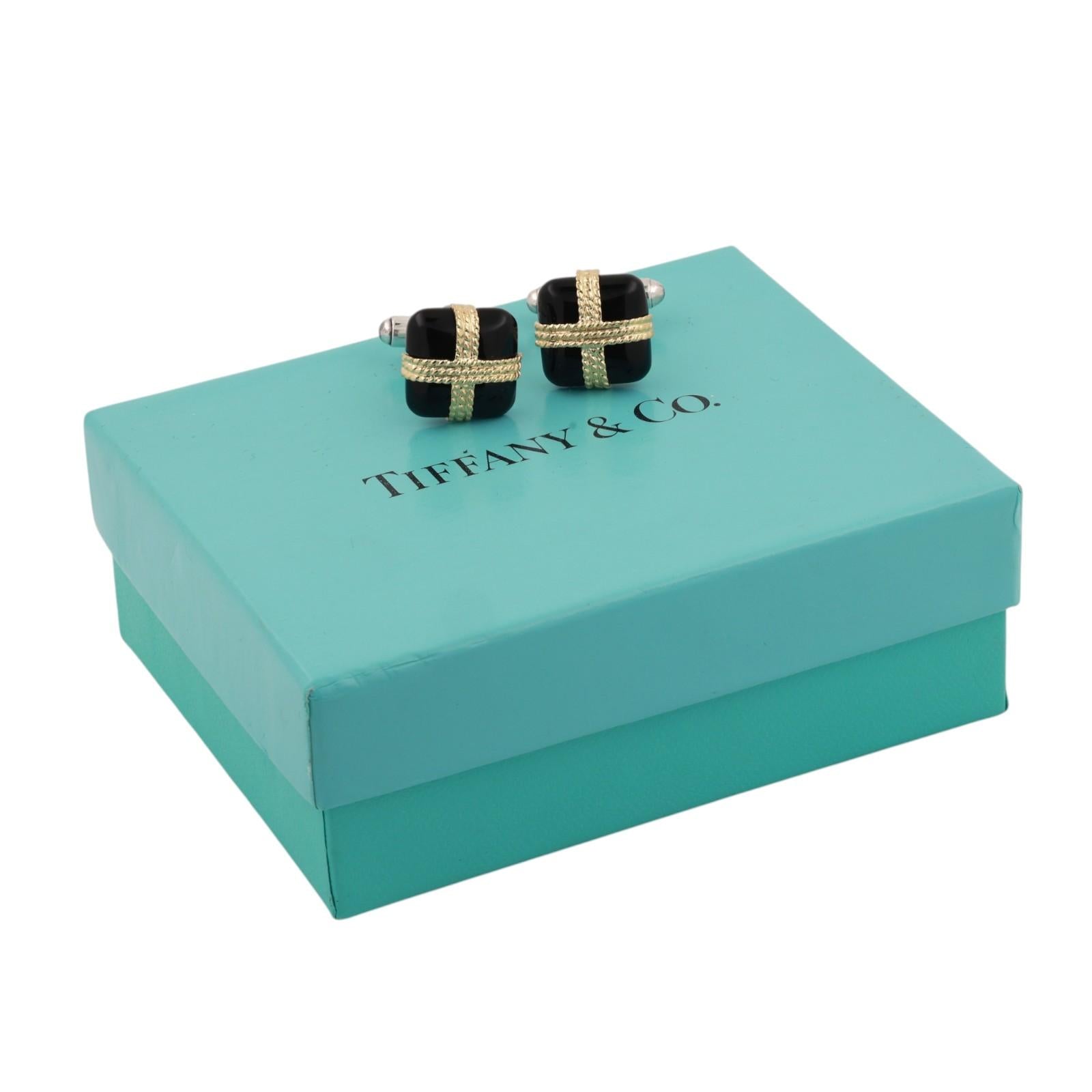 Tiffany & Co. 18K Yellow Gold Sterling Silver Black Onyx Rope X Cufflinks