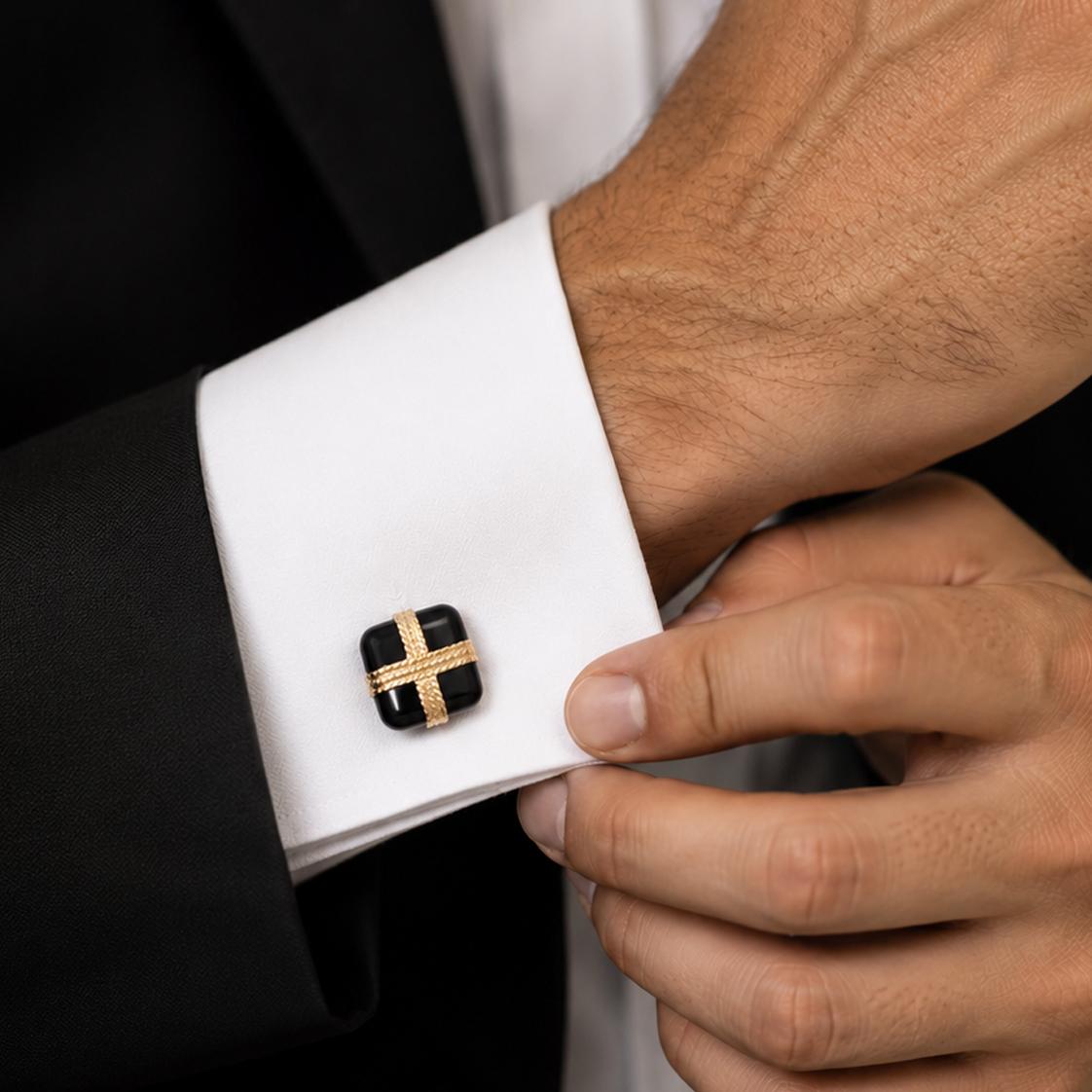 Tiffany & Co. 18K Yellow Gold Sterling Silver Black Onyx Rope X Cufflinks