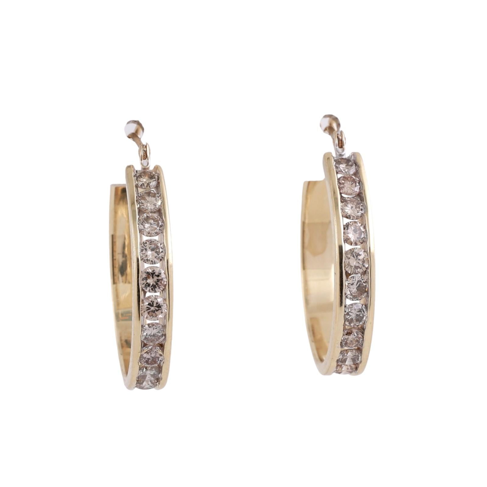 14K Yellow Gold Diamond Hoop Earrings 1.00CTW Channel Set Round Estate 3/4”