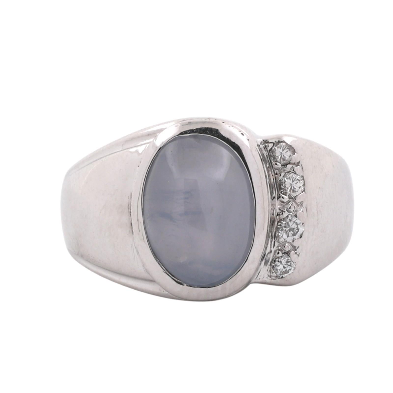 14K White Gold Blue Star Sapphire Diamond Signet Ring 3.80ctw Unisex Estate