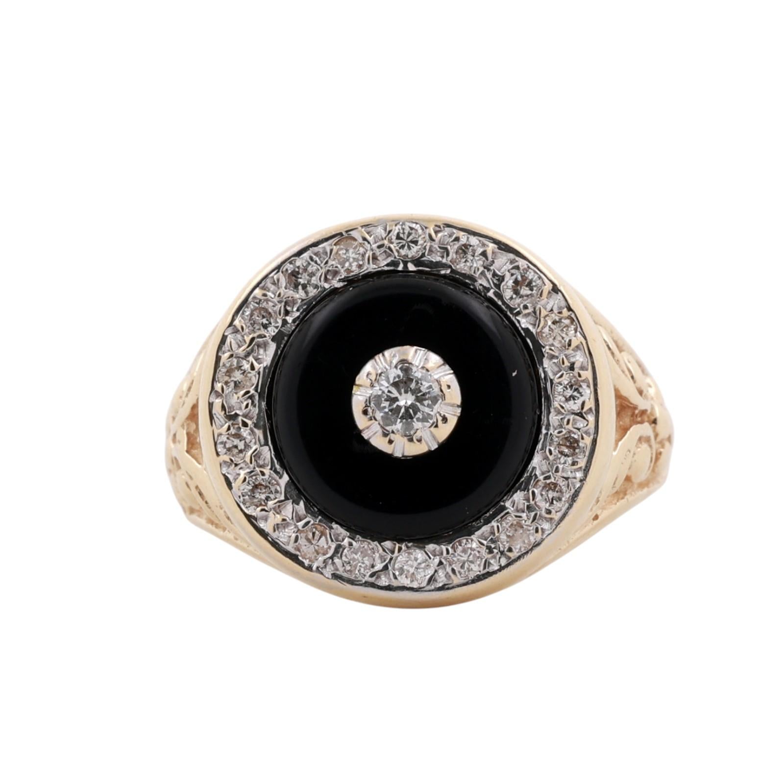 14K Two-Tone Gold Black Onyx Diamond Halo Scroll Signet Ring Sz 7.25