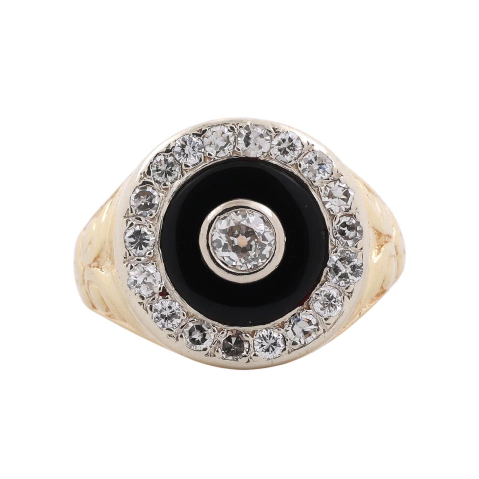 Art Deco Two Tone Gold Onyx Old European Cut Diamond Target Ring Estate 0.90CTW