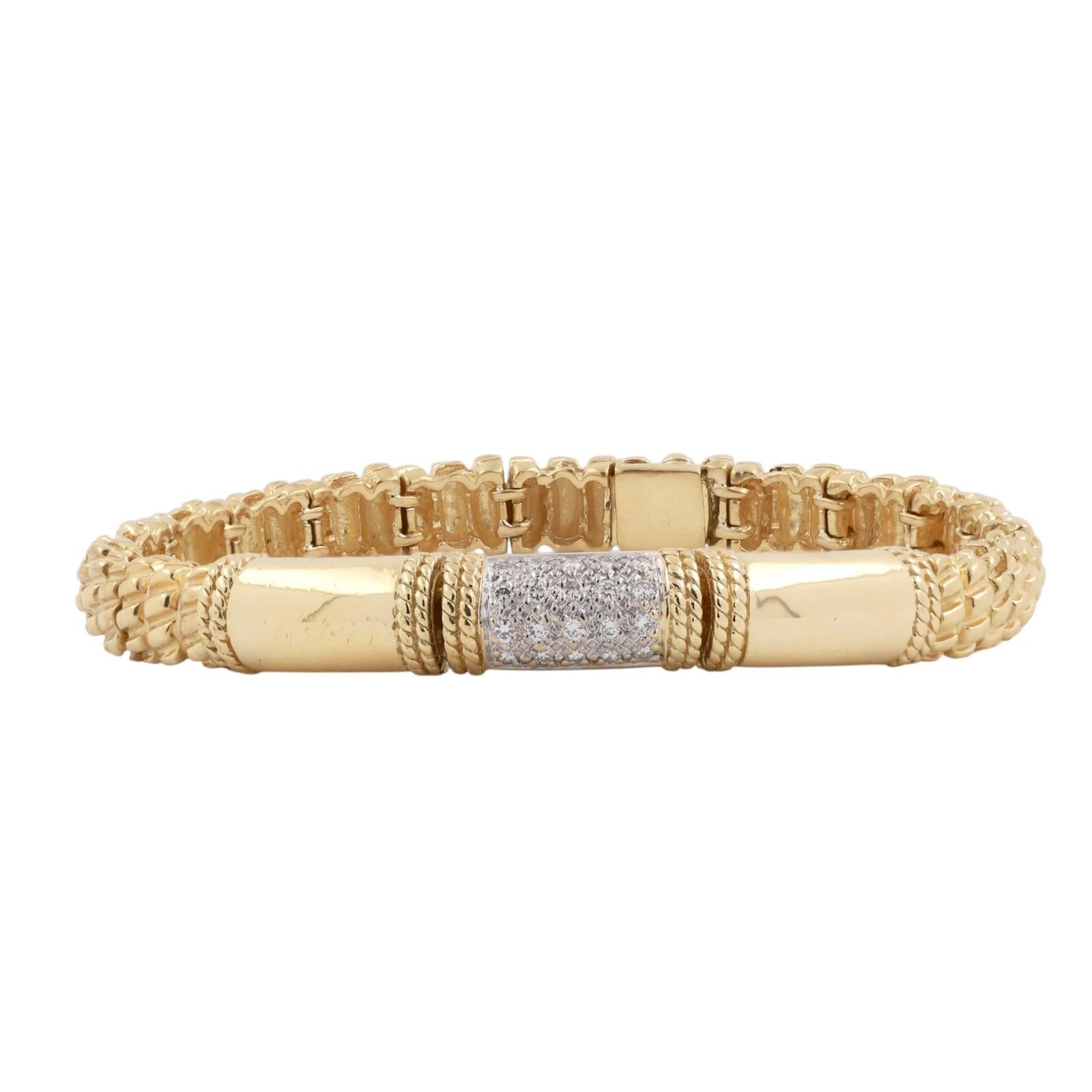 18K Gold Diamond Bracelet 6.75” Cassis Heavy Two Tone Rope Link 0.50CTW Cluster
