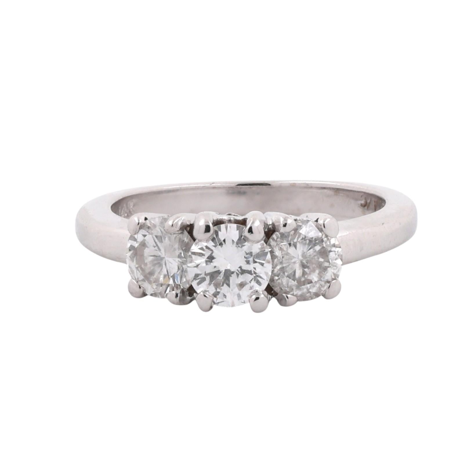 14K White Gold Round Brilliant Diamond Three Stone Ring 1.35ctw Size 6.25