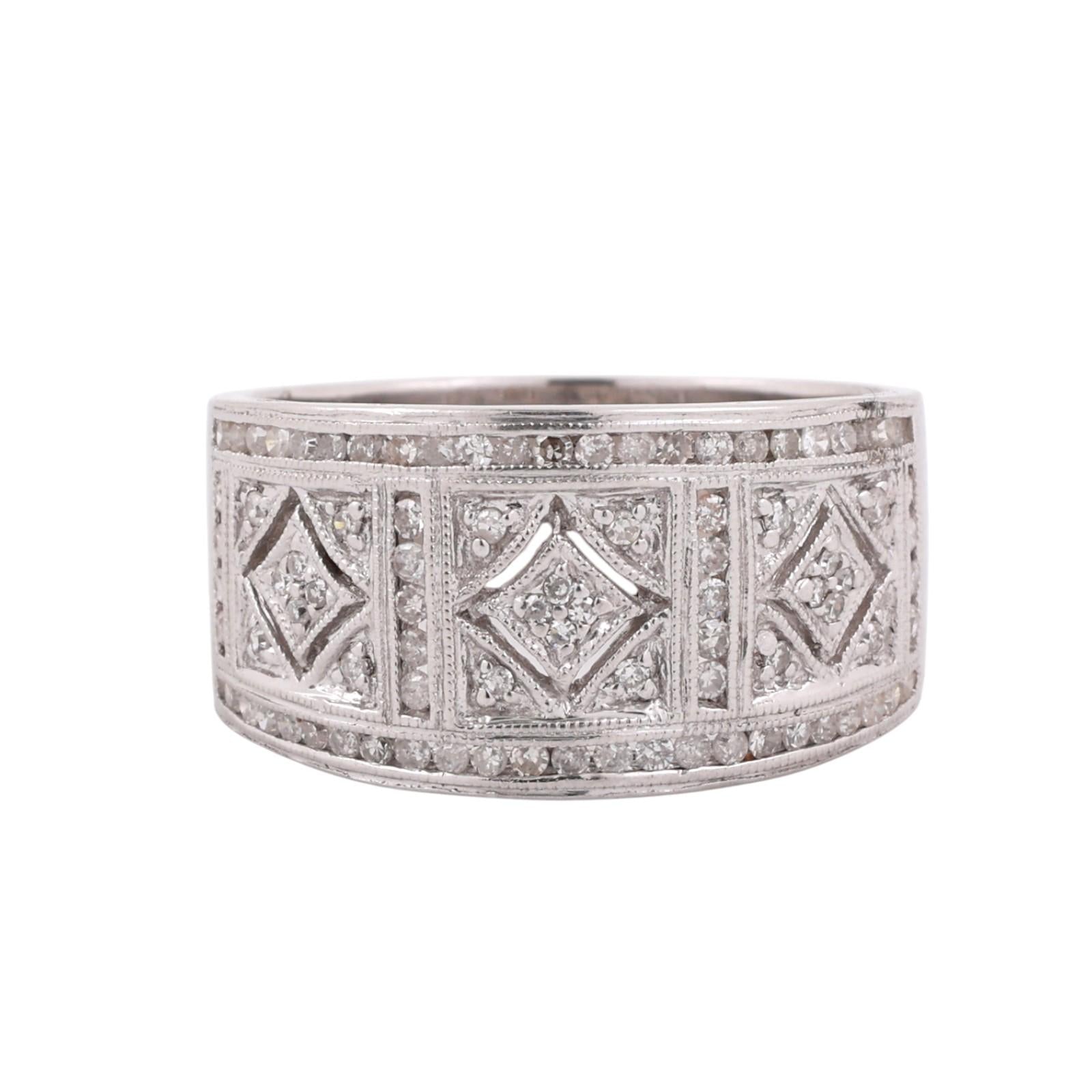14K White Gold Diamond Filigree Wide Band Ring 0.85 CTW Size 9.5 Ladies Estate