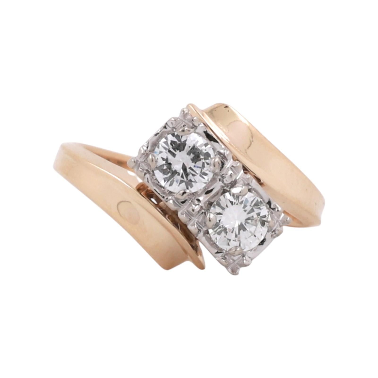 Two Tone Gold 2 Stone Diamond Bypass Ring 0.60 CTW Vintage Estate Size 6