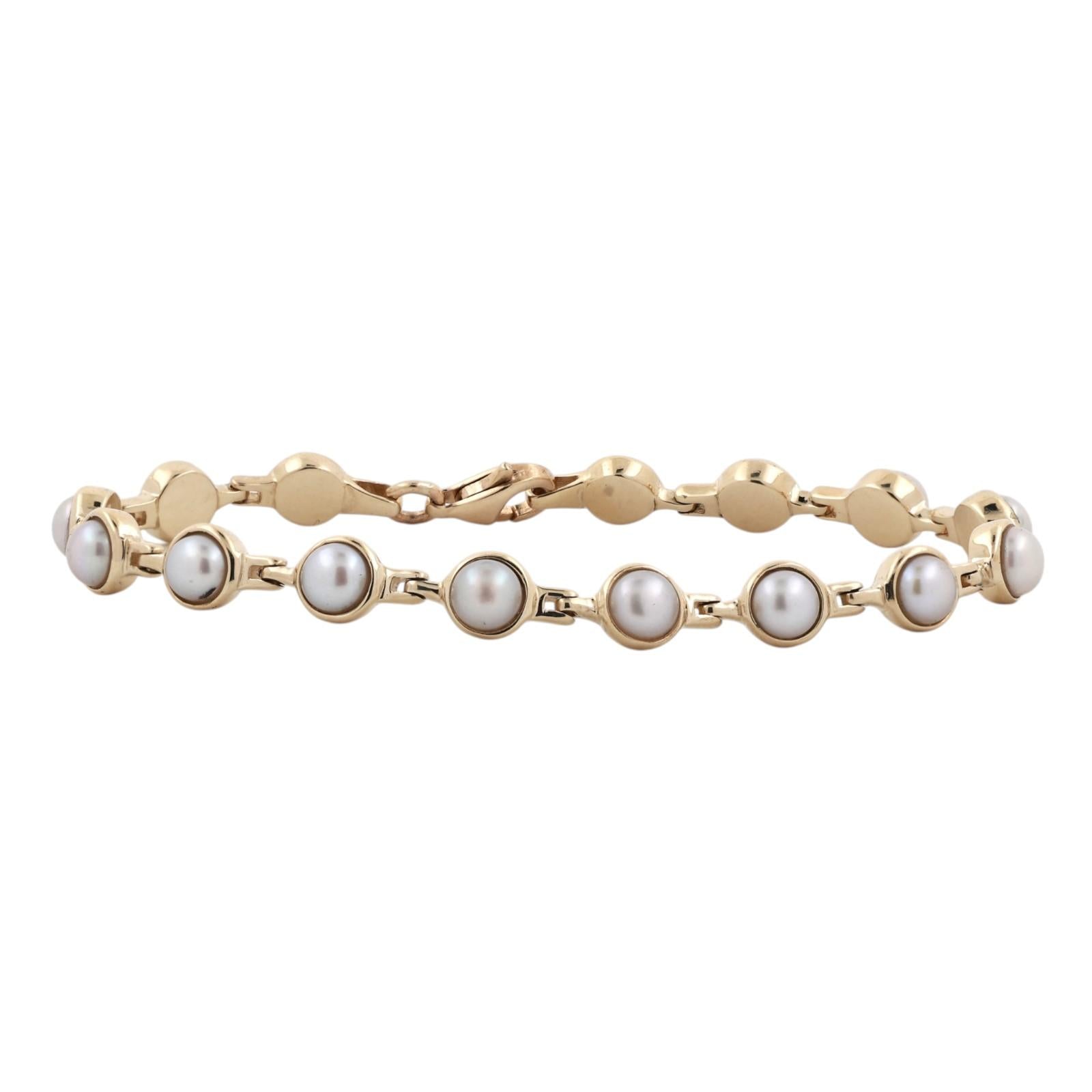 14K Yellow Gold Cultured Mabé Pearl Link Bracelet 15 Pearls 7.25" Estate