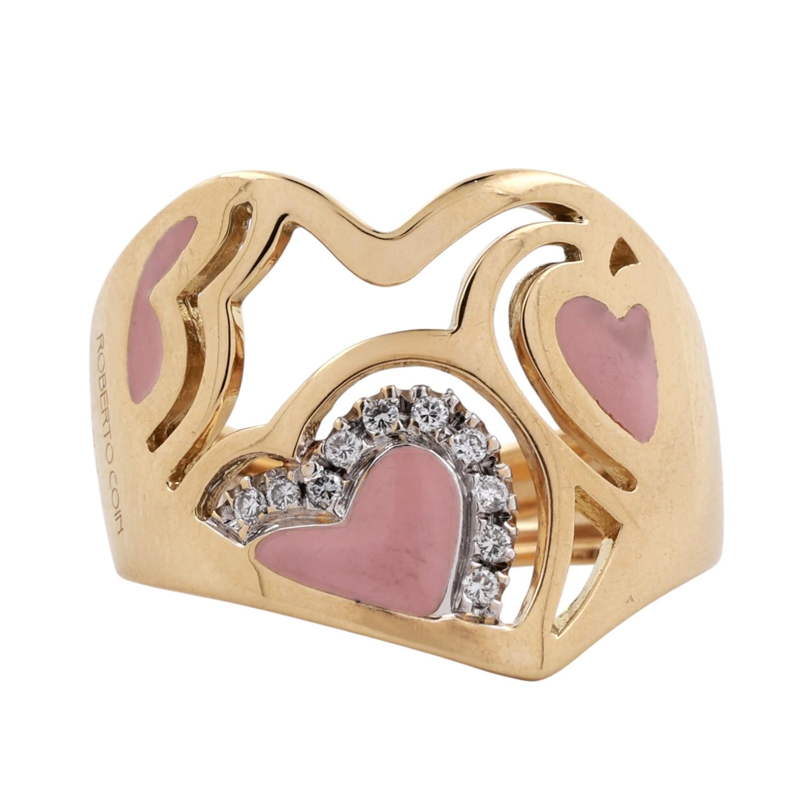 Roberto Coin 18K Yellow Gold Pink Enamel Heart Diamond Openwork Ring Italy 6.75
