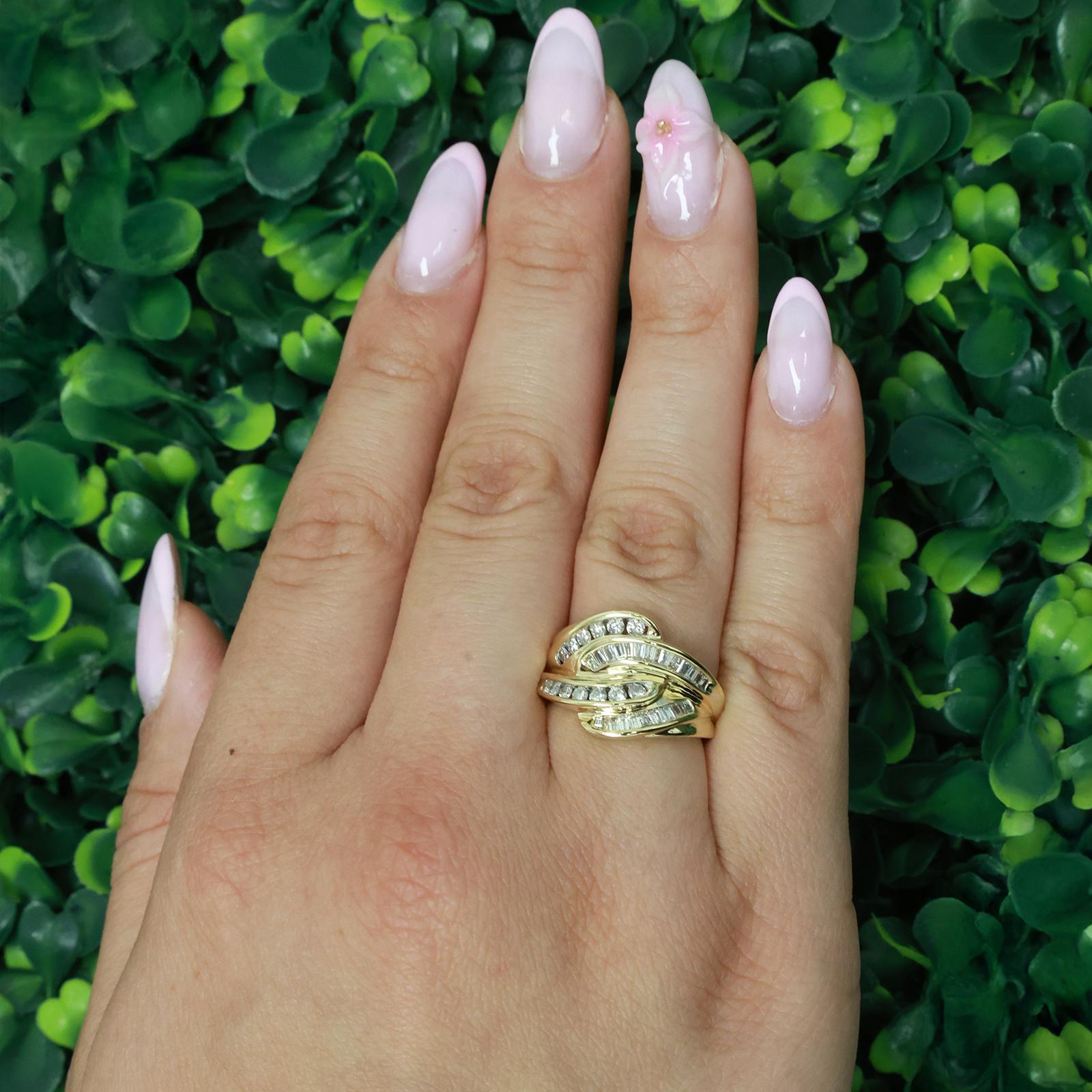 14K Yellow Gold Diamond Swirl Ring 0.50CTW Baguette Round Wide Band Statement 6