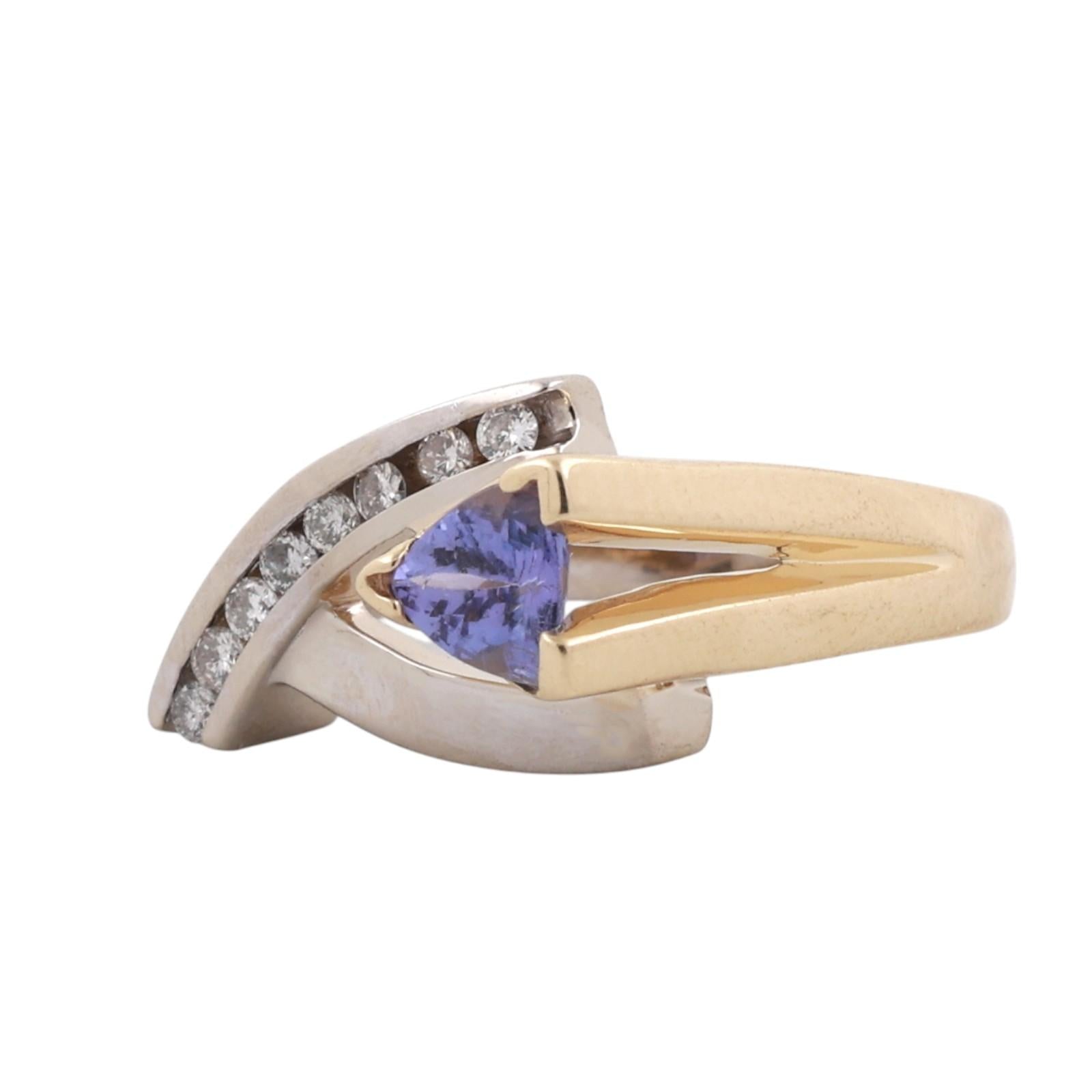 14K Two-Tone Gold Trillion Tanzanite Diamond Bypass Ring 0.65ctw Size 5.75