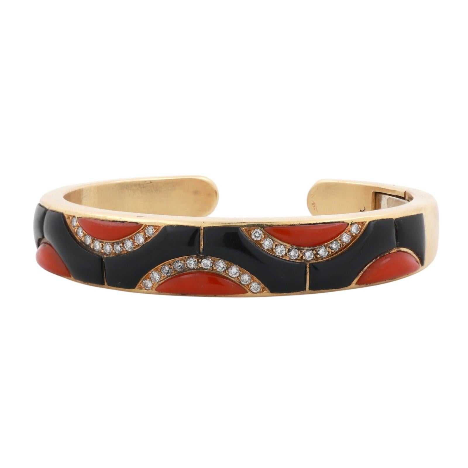 18K Yellow Gold Momo Coral Black Onyx Diamond Hinged Cuff Bangle Bracelet 6.5"