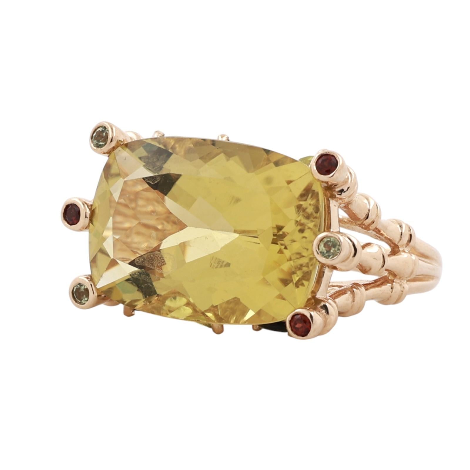 14K Yellow Gold 15.50CT Lemon Citrine Tourmaline Garnet Cocktail Ring Size 8