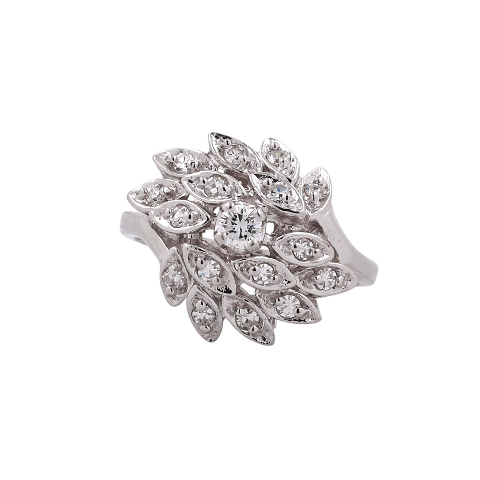 Vintage White Gold 0.50CTW Diamond Leaf Cluster Ring Size 6.5 Estate