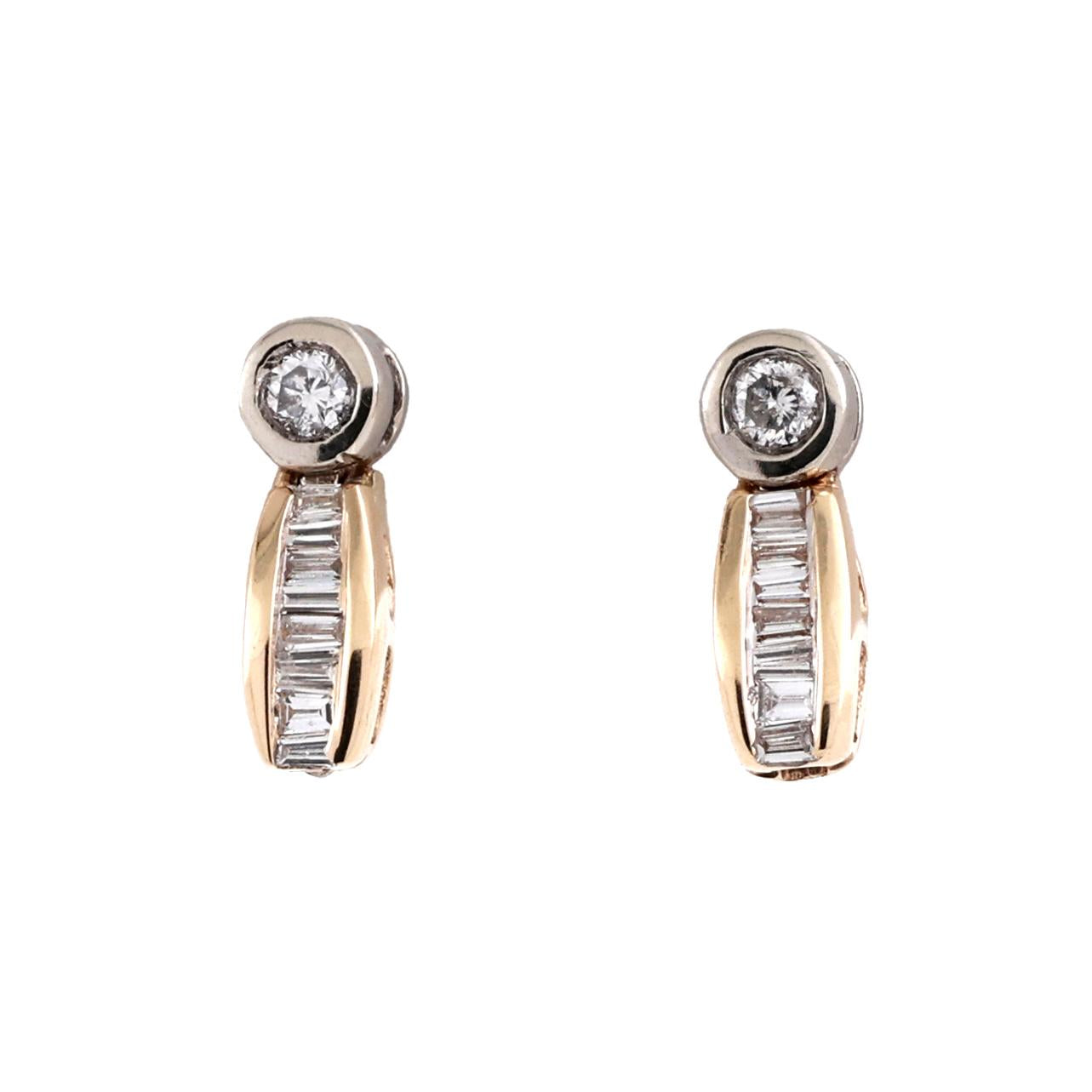 14K Two Tone Gold Diamond Stud Dangle Earrings Round and Baguette 0.30CTW Estate