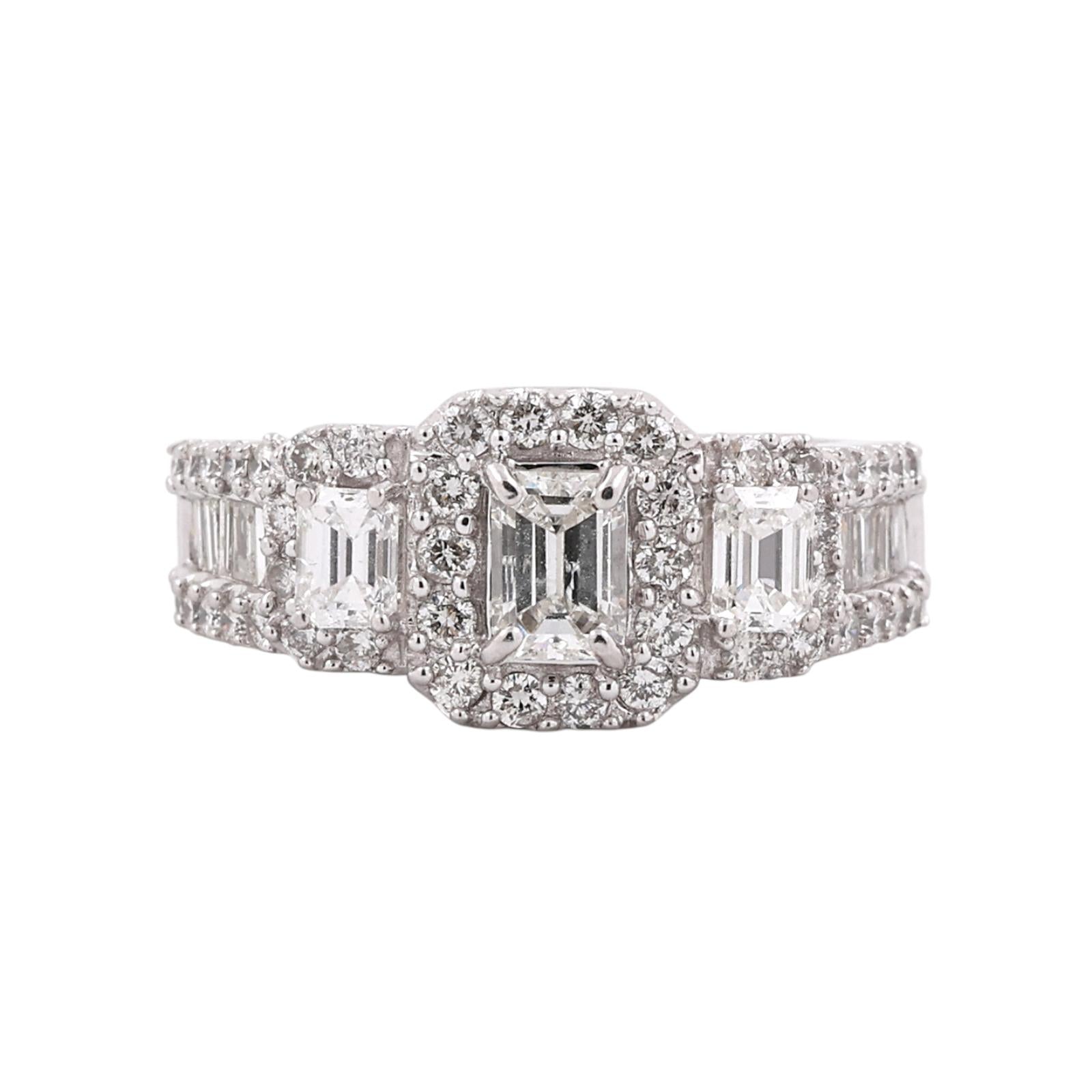 14K White Gold 2.00CTW Emerald Cut Diamond Halo Engagement Ring Size 7