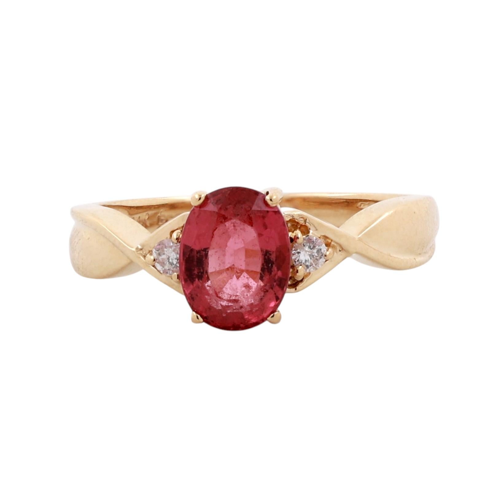 14K Yellow Gold 1.35ct Pink Tourmaline Diamond Twist Ring Size 7