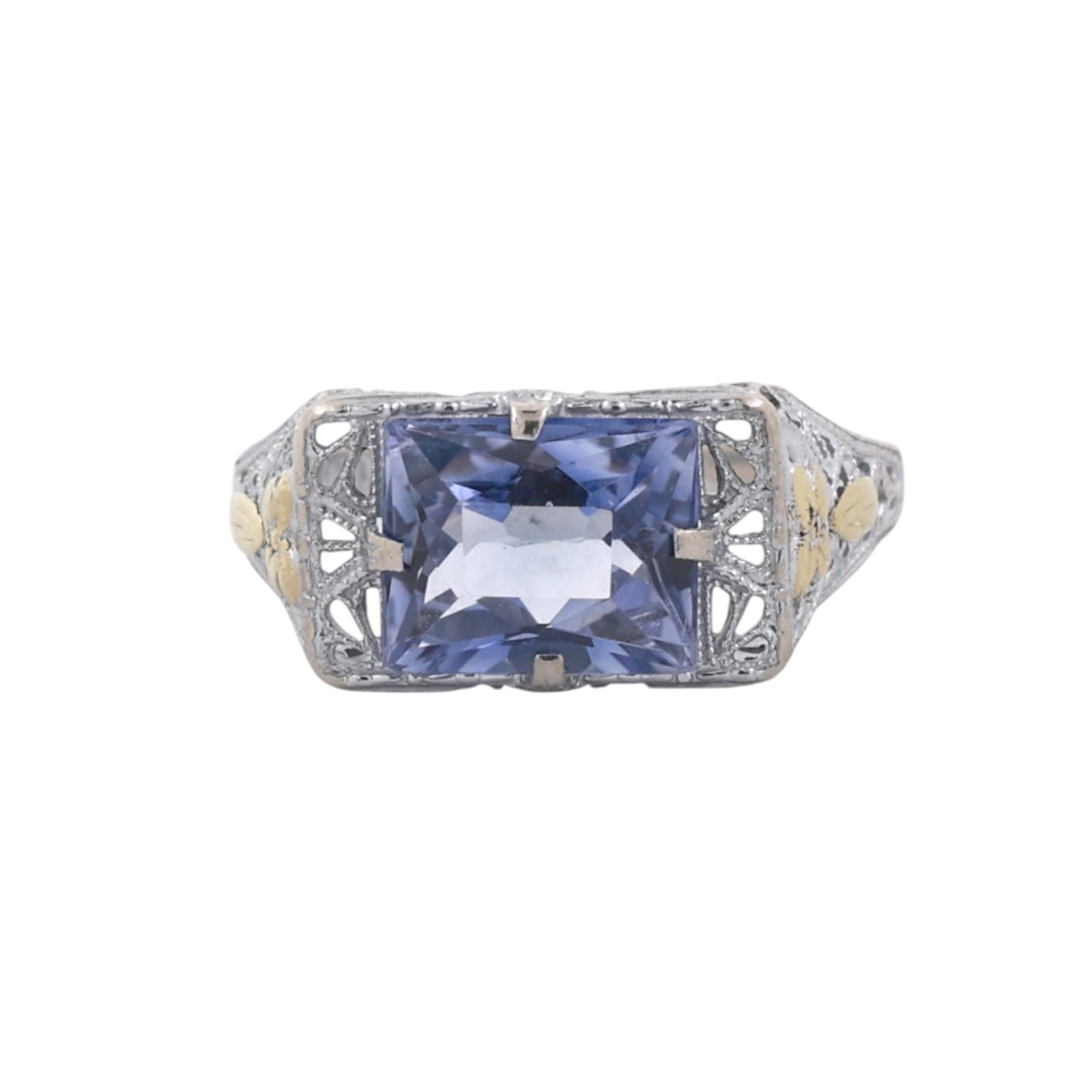 10K Two-Tone Gold 2.40CT Blue Lab Grown Sapphire Filigree Art Deco Style Ring