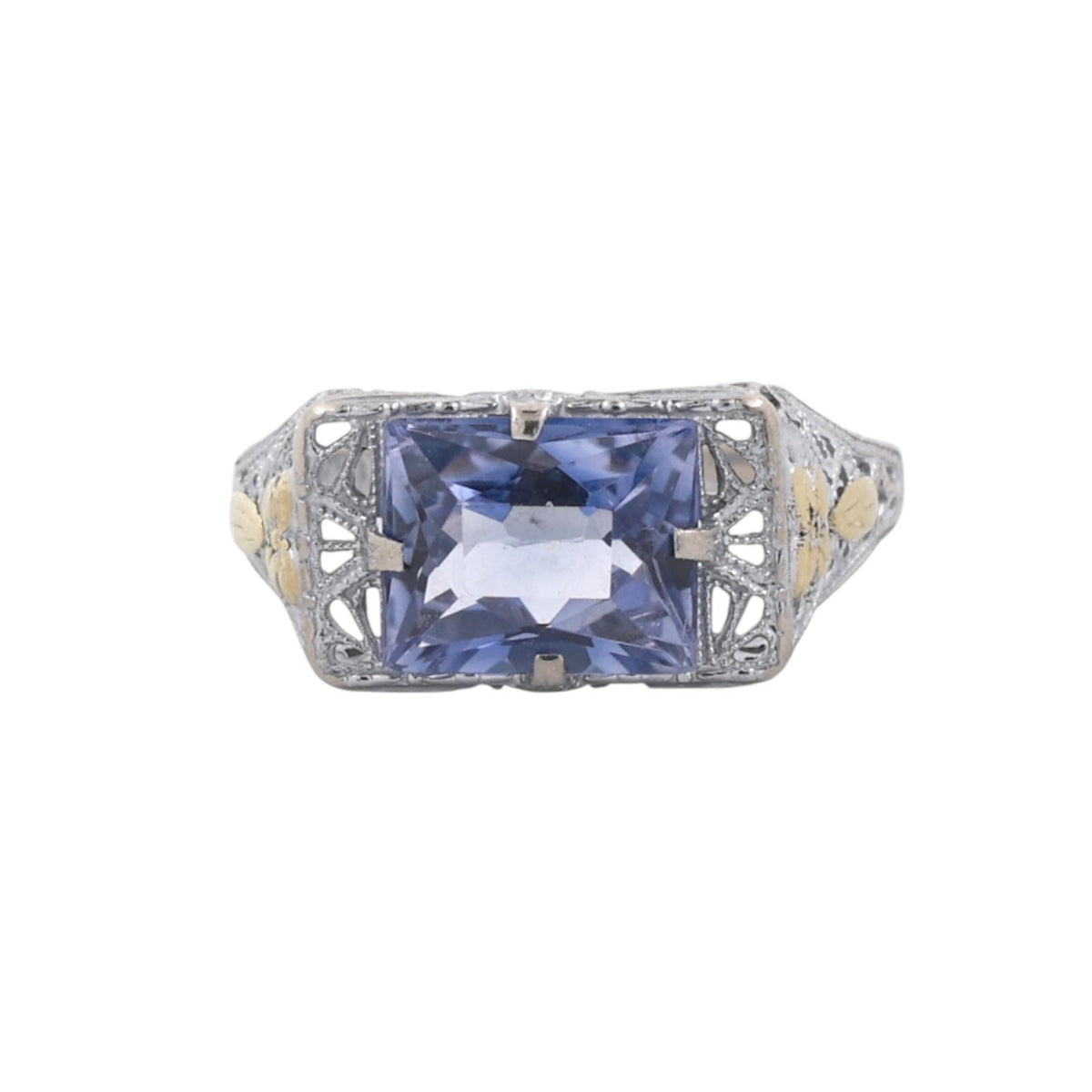 10K Two-Tone Gold 2.40CT Blue Lab Grown Sapphire Filigree Art Deco Style Ring