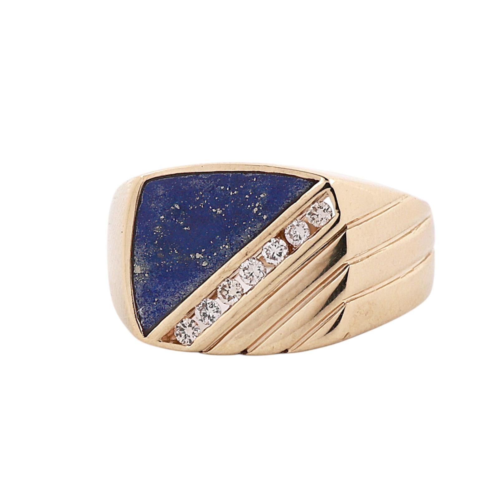 14K Yellow Gold Lapis Lazuli Diamond Signet Ring Men Geometric Size 8.75