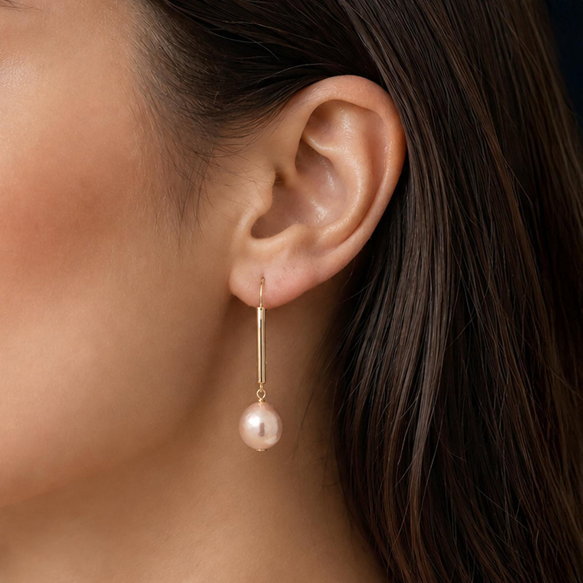 14K Yellow Gold Pink Baroque Cultured Pearl Bar Drop Dangle Earrings