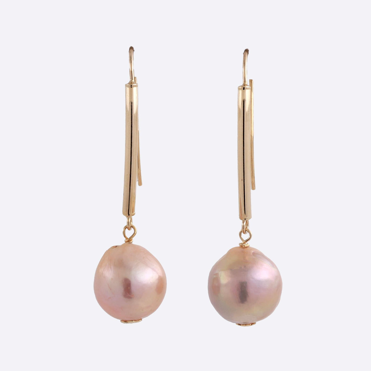 14K Yellow Gold Pink Baroque Cultured Pearl Bar Drop Dangle Earrings