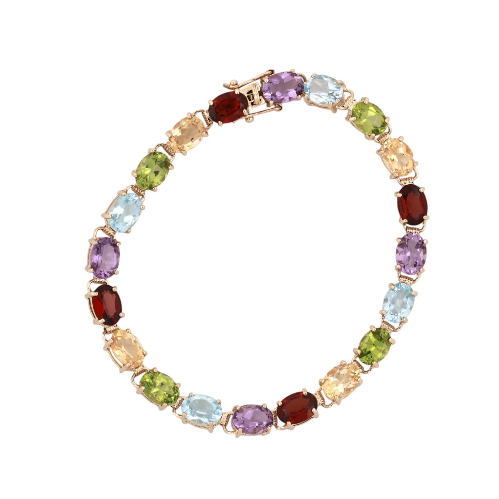 14K Gold Multi Gemstone Tennis Bracelet Citrine Garnet Amethyst Topaz Peridot 7"