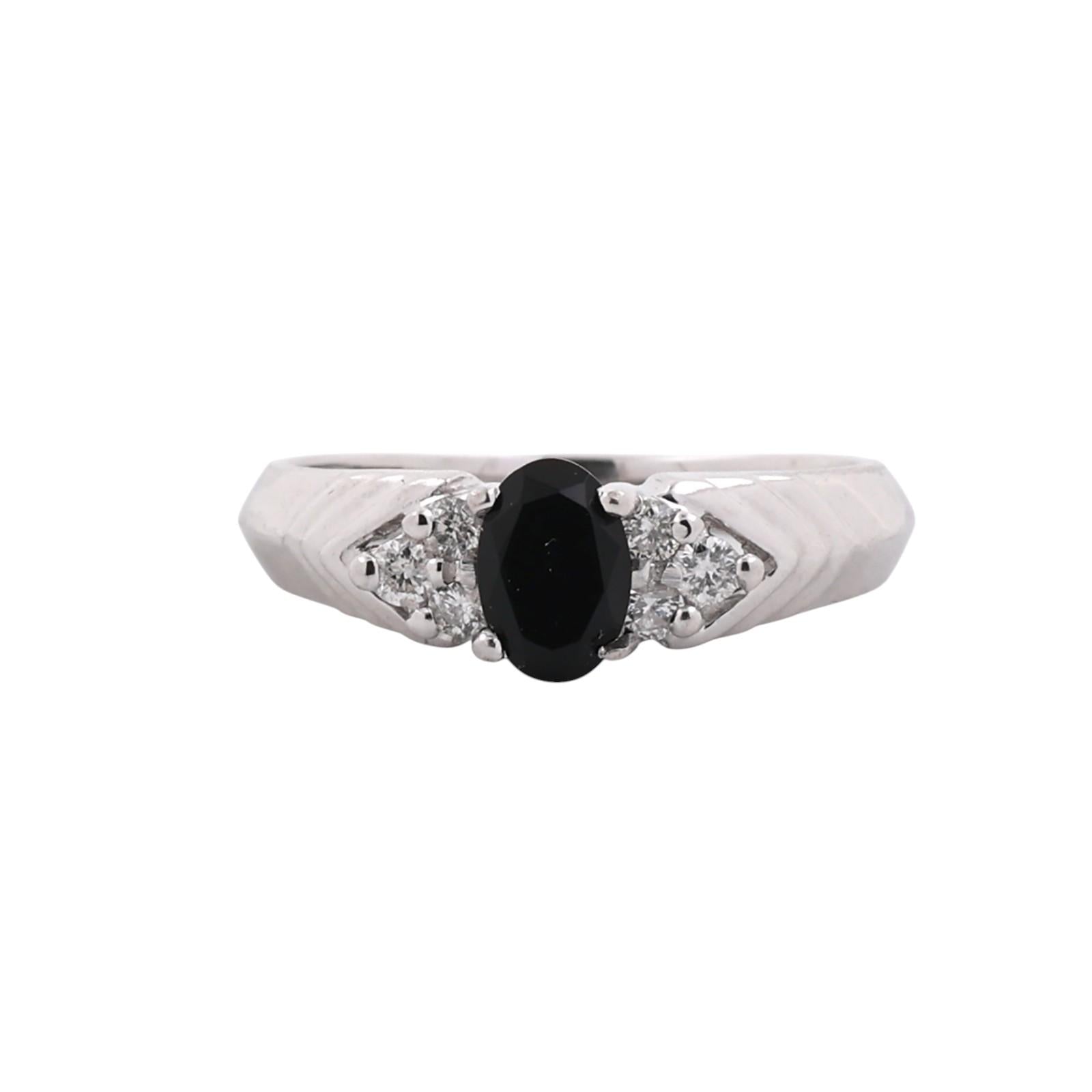 14K White Gold Black Onyx Diamond Ring Oval Onyx 0.15CTW Diamond Accents Size 5