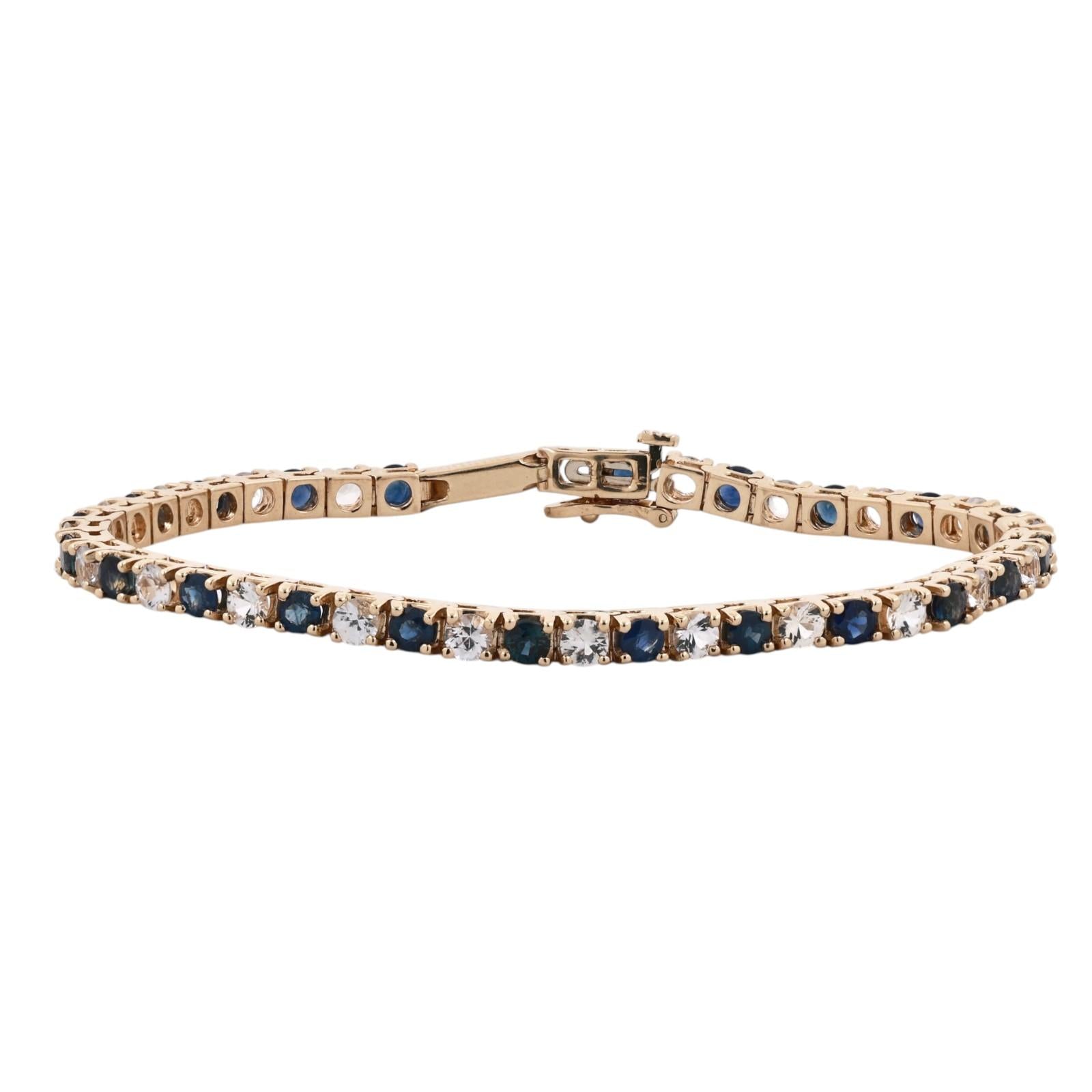 14K Yellow Gold 6.60CTW Blue And White Sapphire Tennis Bracelet 7.5" Estate