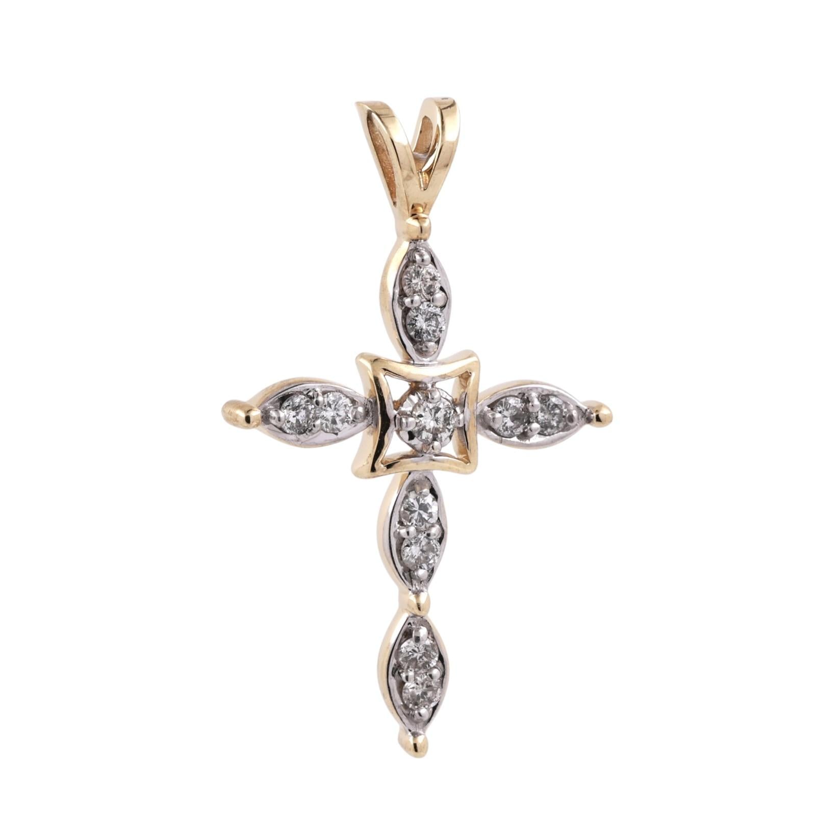 14K Two Tone Gold 0.75 CTW Natural Diamond Cross Pendant Estate Religious