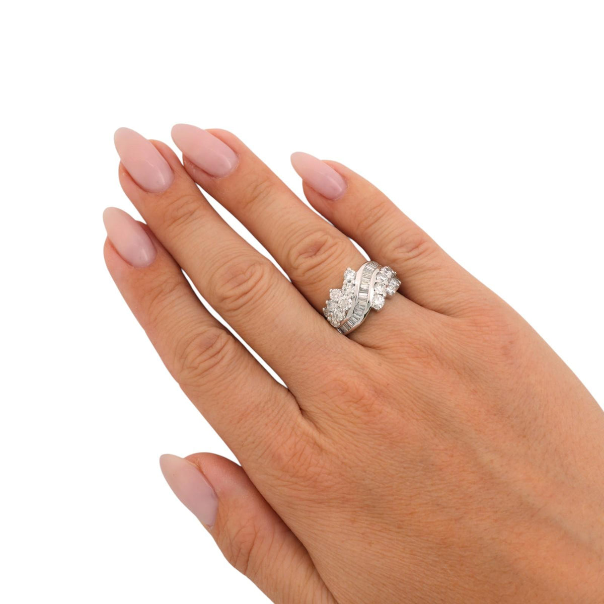 Natural Diamond Swirl Ring 14K White Gold 2.50 CTW Round Baguette Size 6.25