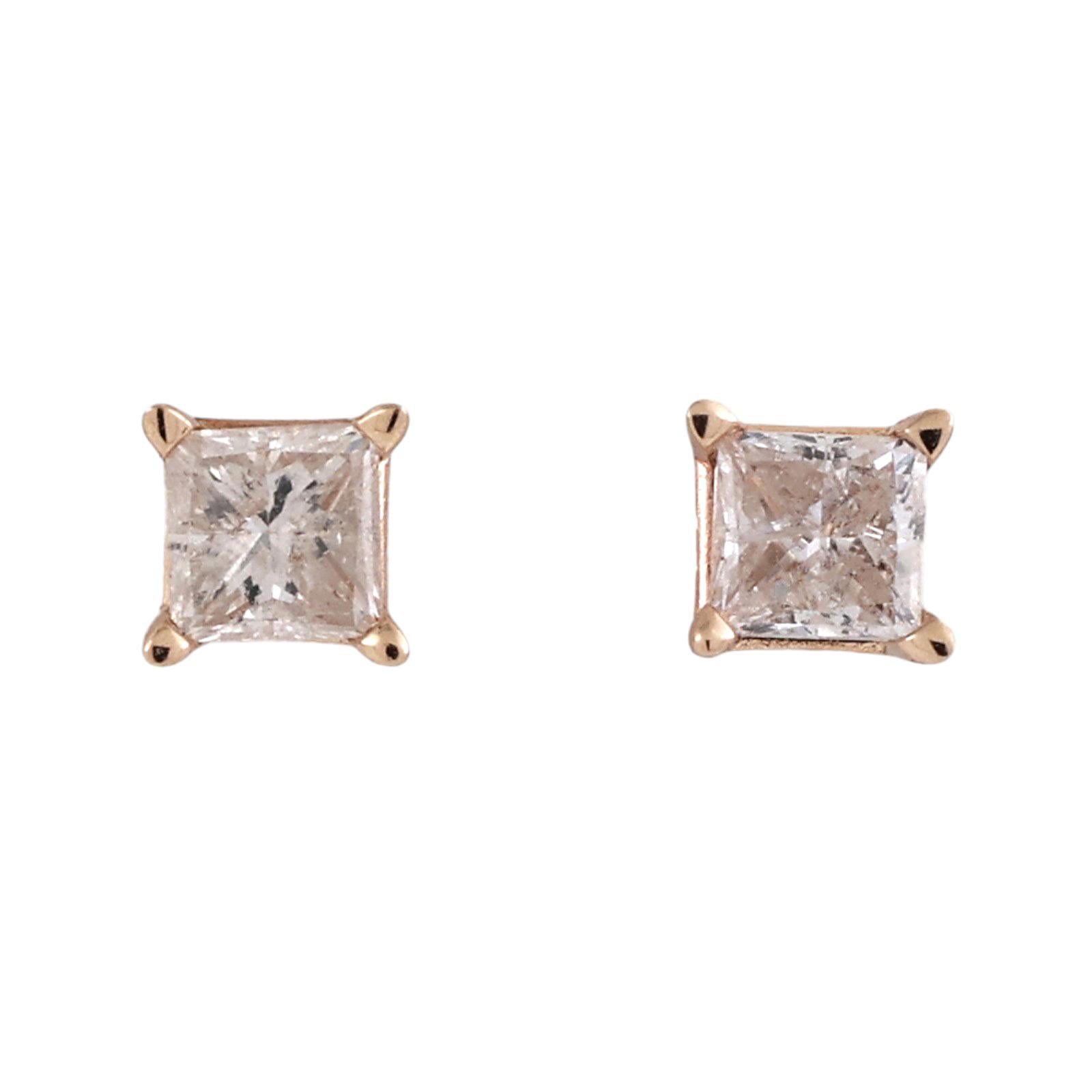 14K Yellow Gold 1.00CTW Princess Cut Diamond Stud Earrings