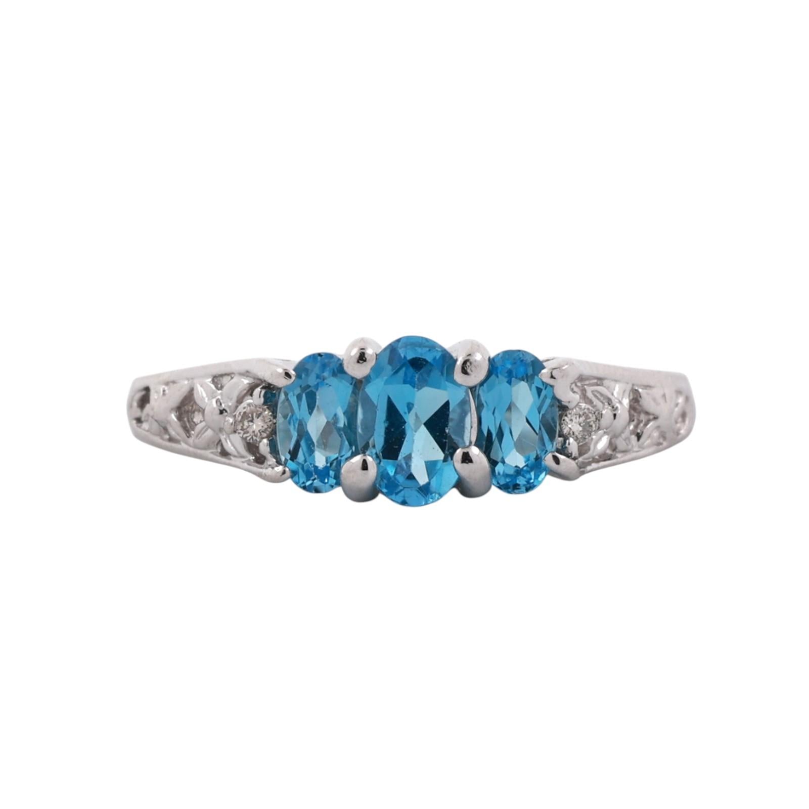 14K White Gold 3-Stone Blue Topaz Diamond Ring Oval Gemstones Size 6.5