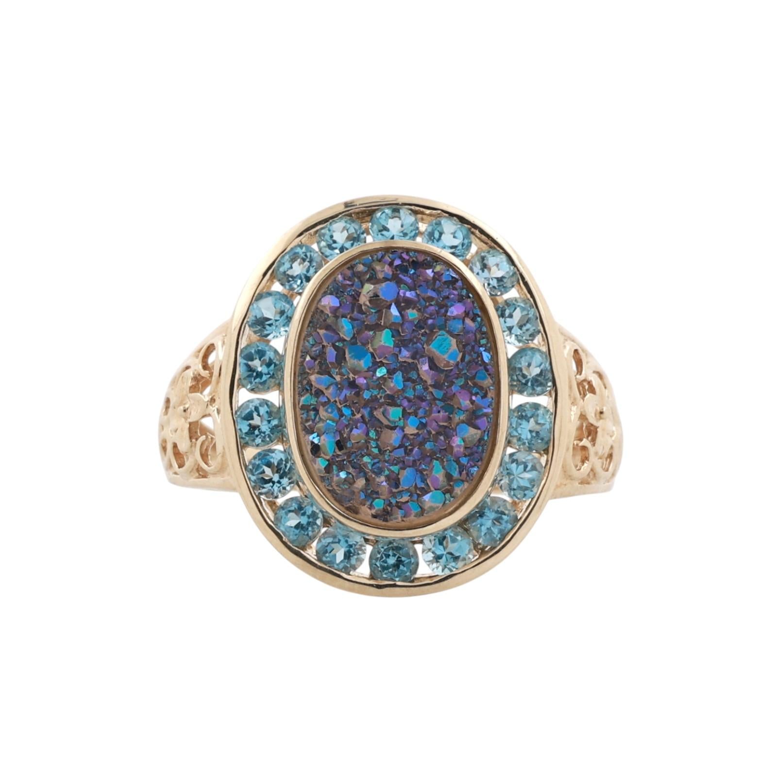 14K Yellow Gold Blue Druzy Agate And Blue Topaz Halo Ring Size 10.25 Estate