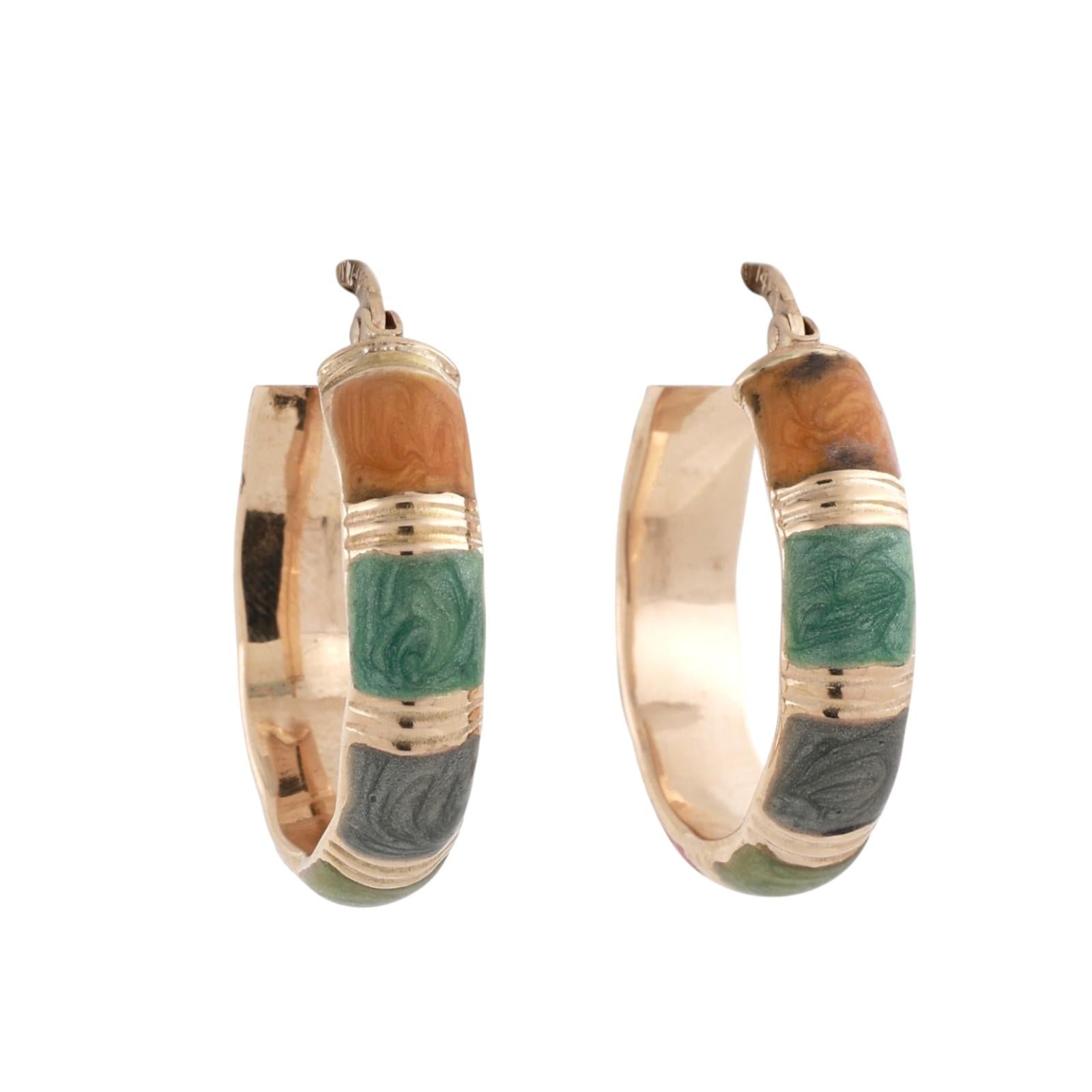 14K Yellow Gold Italian Multi Color Enamel Hoop Earrings Hinged 1.05"