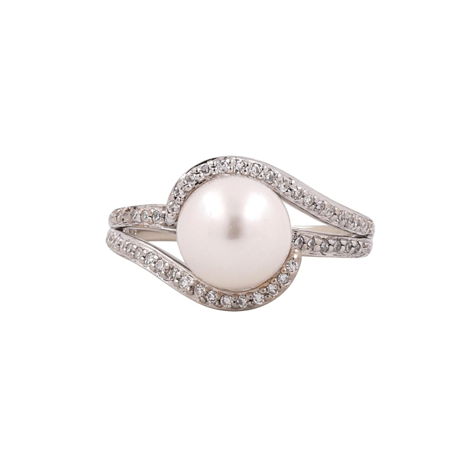 Akoya Pearl Diamond Bypass Ring 14K White Gold Estate Size 6.5 8.25mm