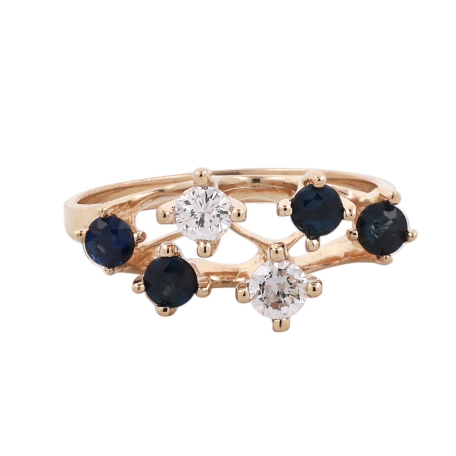 Blue Sapphire Diamond Openwork Yellow Gold Ring Size 5.5