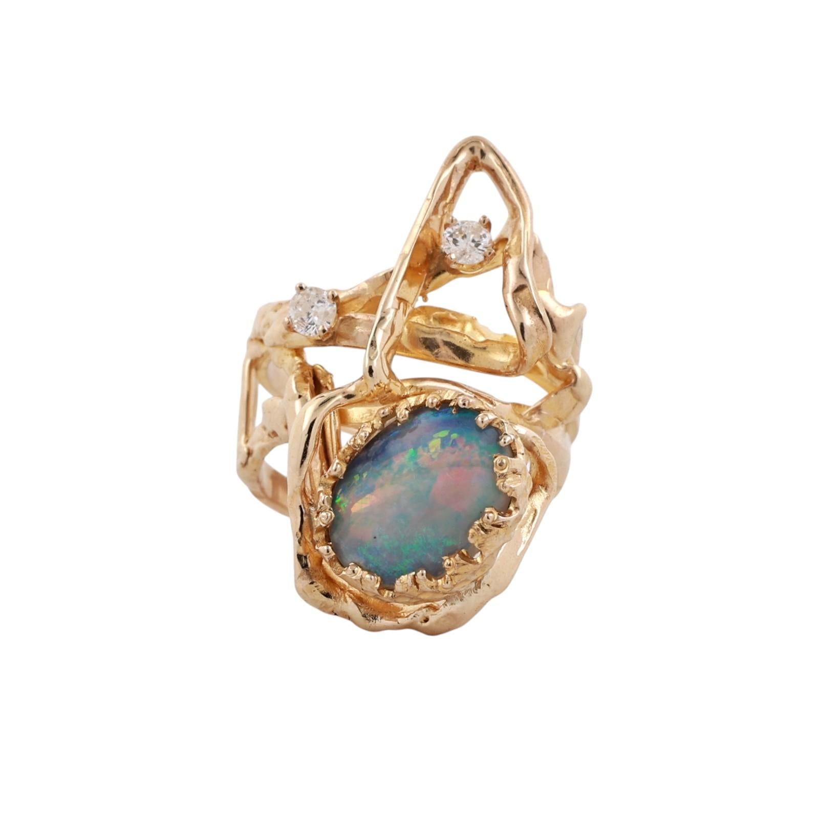 Vintage Freeform Opal Diamond Ring Yellow Gold Modernist Artisan Statement Ring