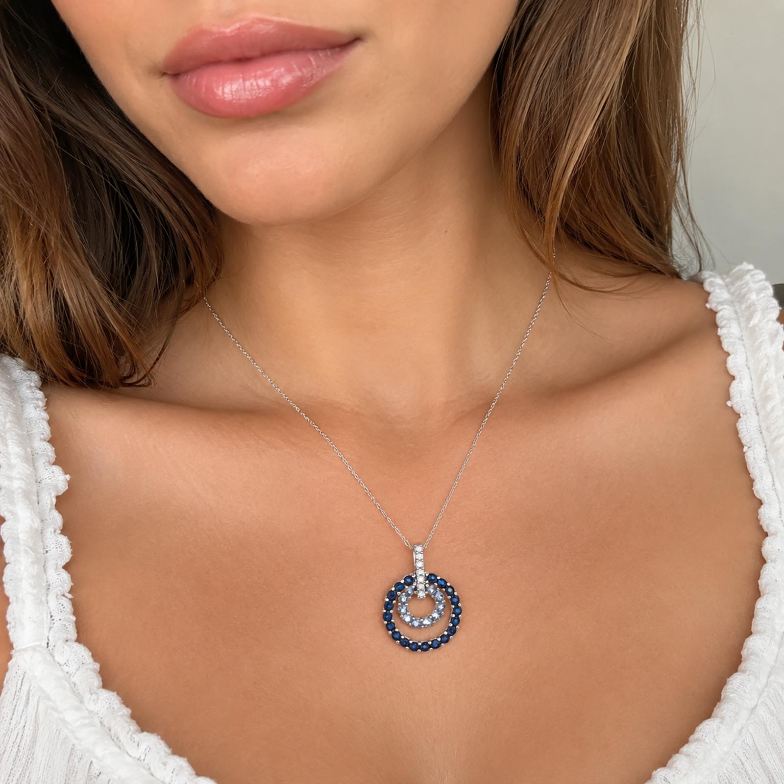 14K White Gold Blue Sapphire Diamond Double Circle Pendant Chain Necklace 1.50TW