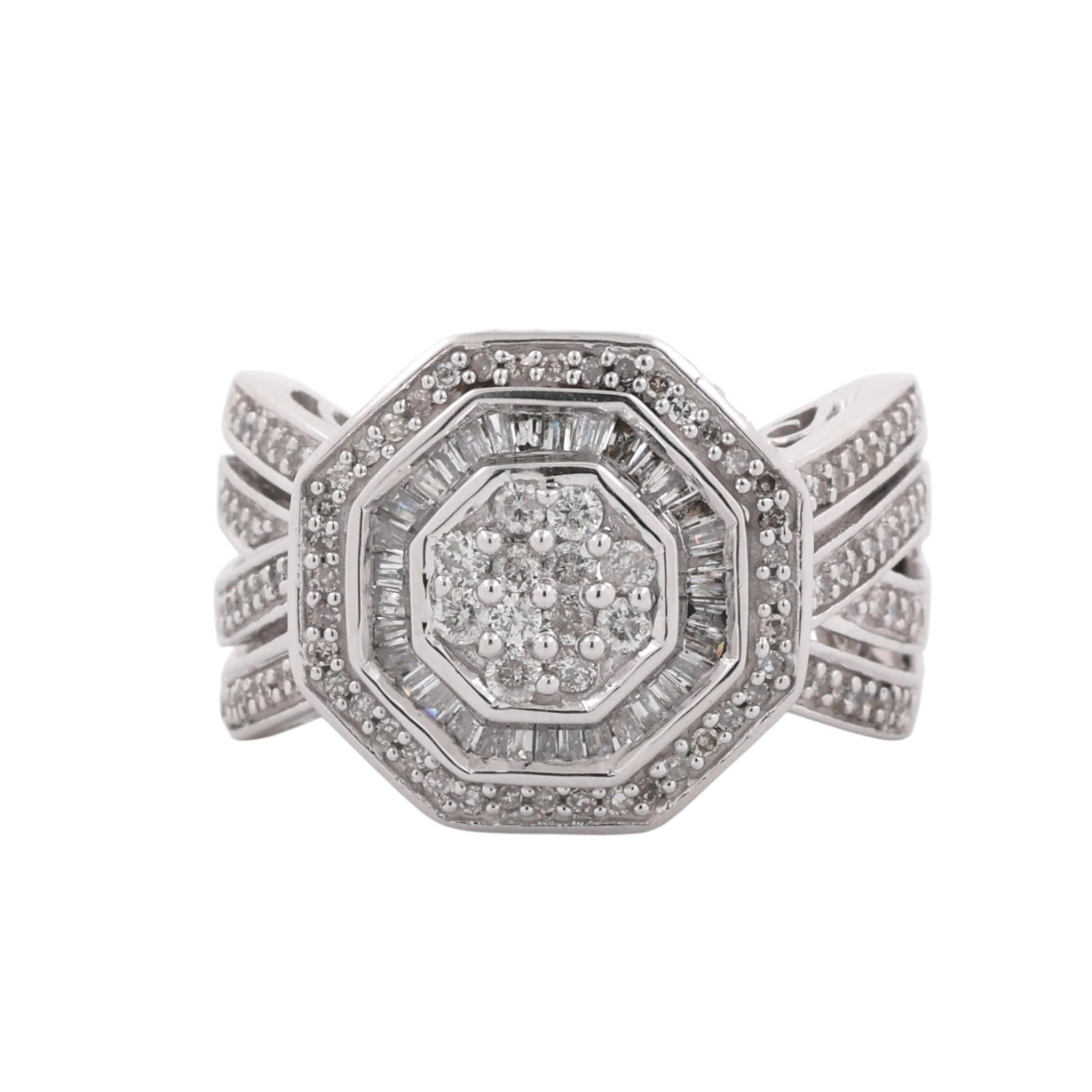 10K White Gold 1.00CTW Diamond Cluster Ring Baguette Round Halo Estate Size 7