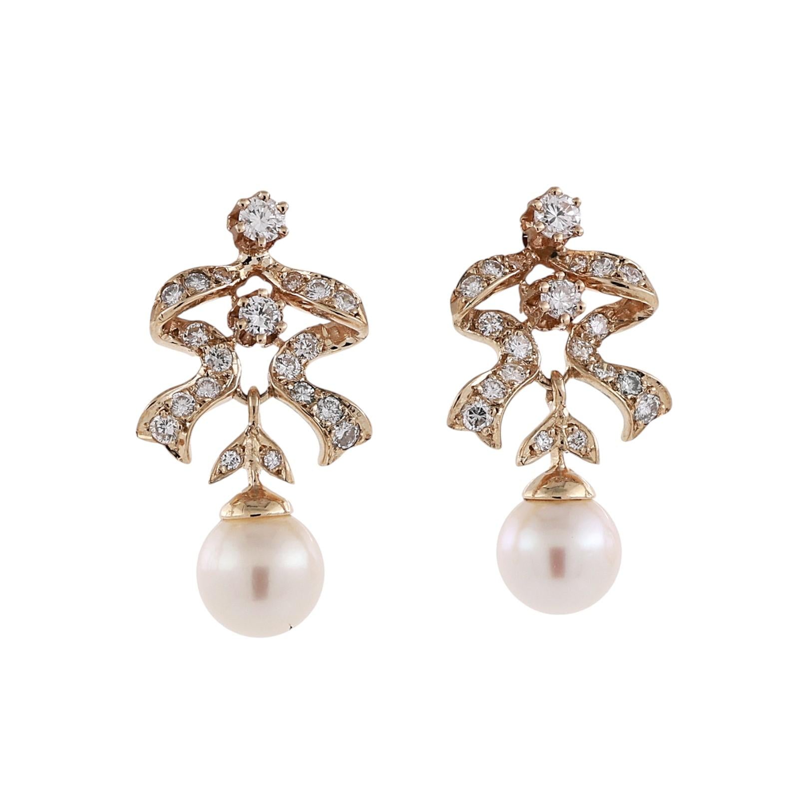 14K Yellow Gold Akoya Pearl Diamond Drop Earrings 1.00CTW Vintage Estate