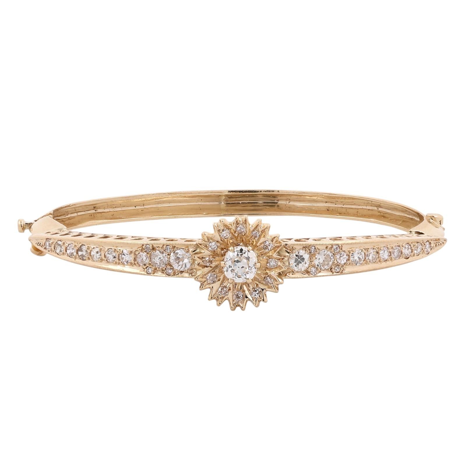 1.50CTW Old European Cut Diamond Vintage Gold Hinged Bangle Bracelet Estate