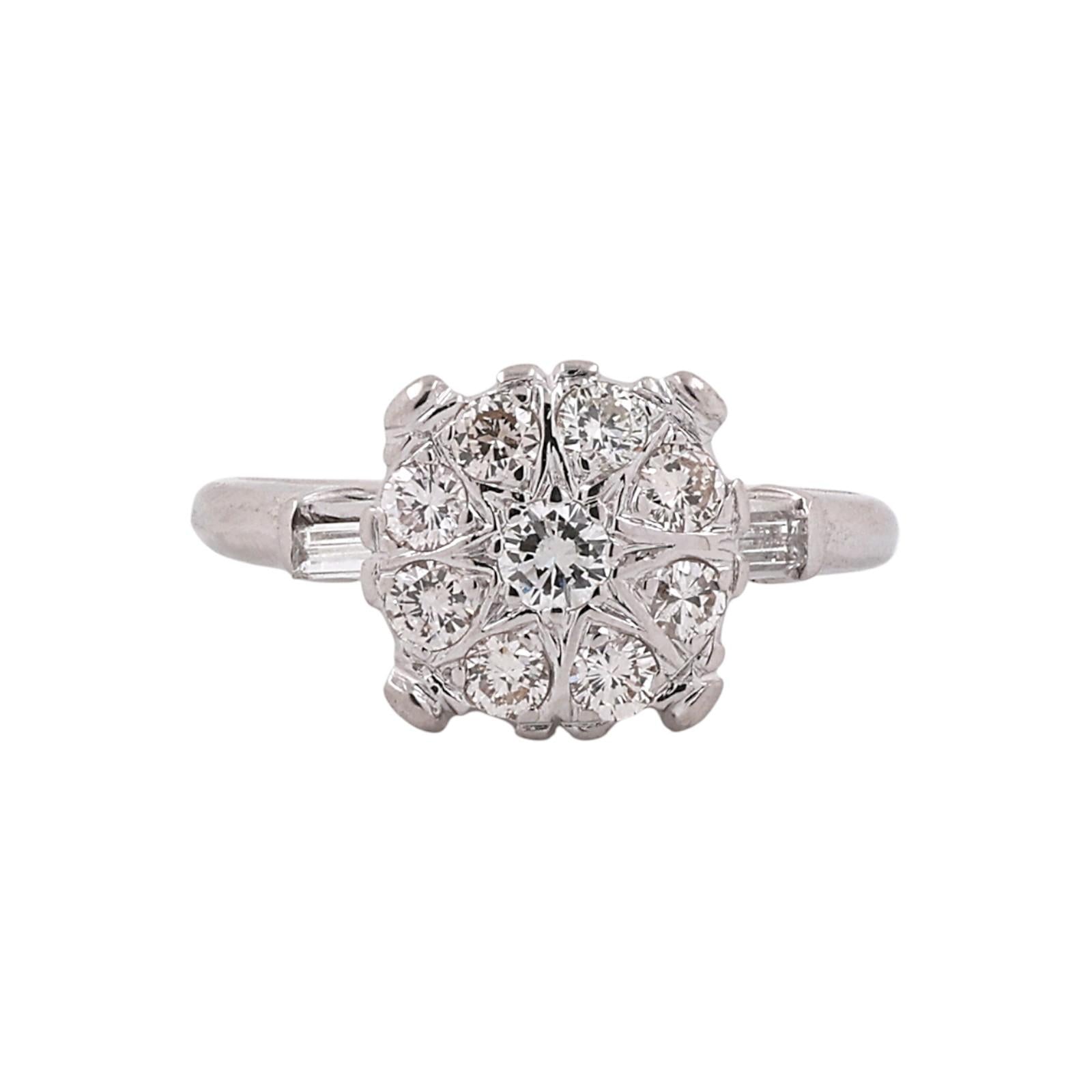 14K White Gold 0.70CTW Diamond Cluster Ring Baguette Accents Size 6.75