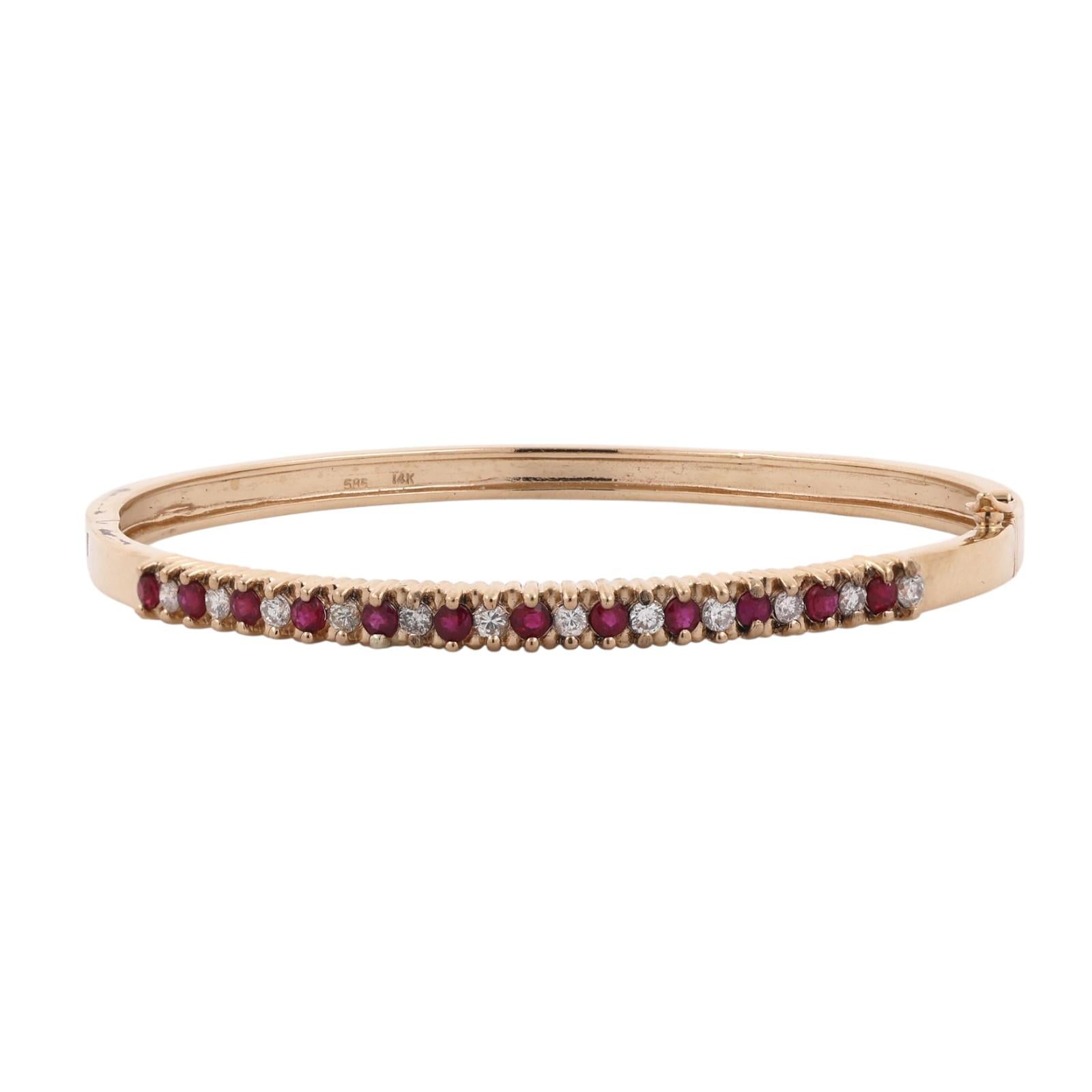 Natural Ruby Diamond Bangle Bracelet 14K Yellow Gold 1.05 CTW 6.75"