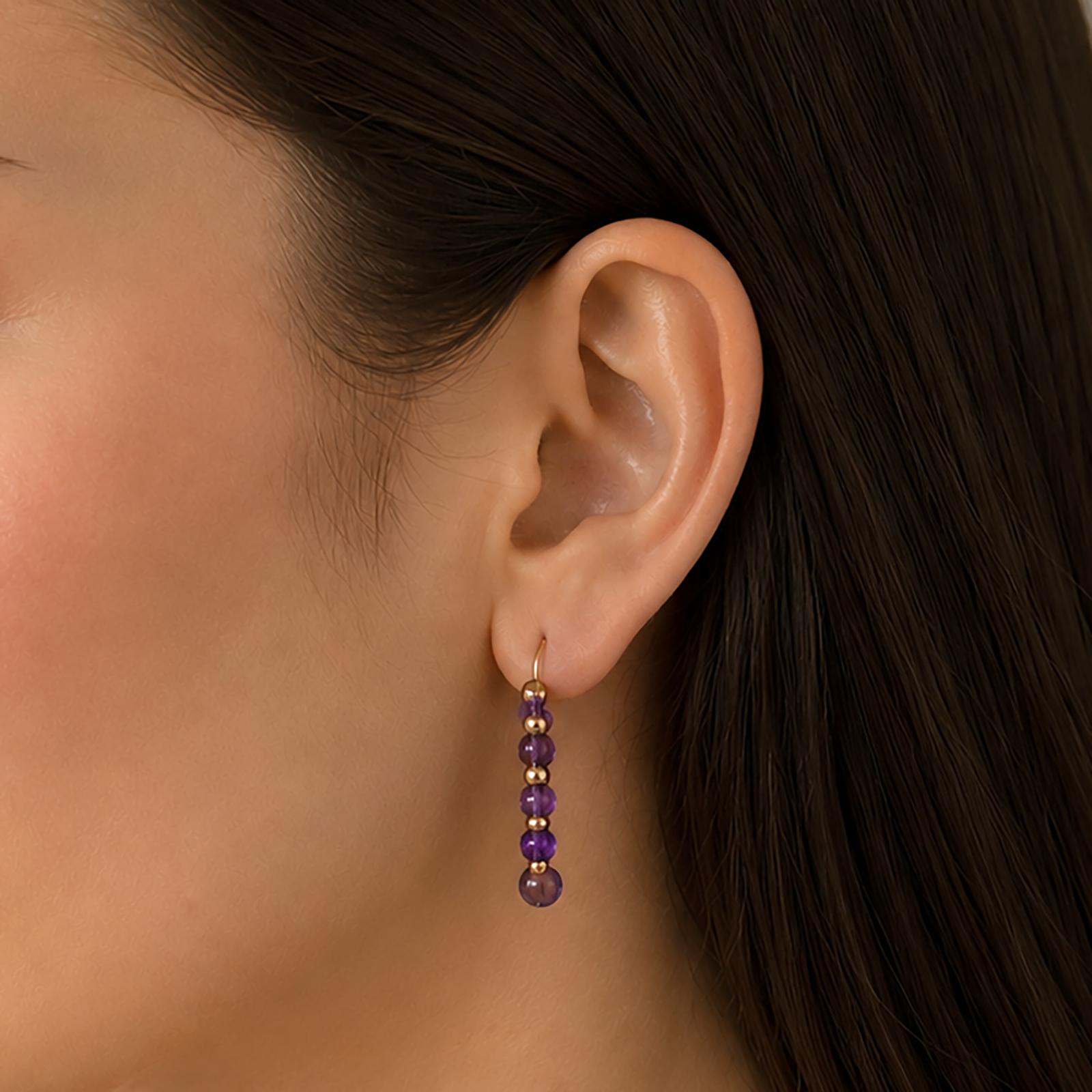 14K Yellow Gold Round Amethyst Beaded Hoop Earrings Estate Purple Gemstones