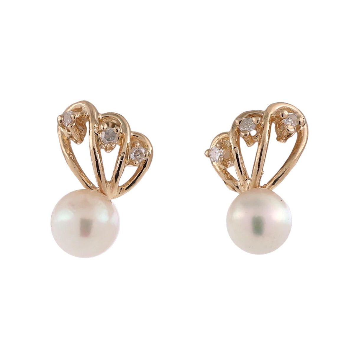 Akoya Pearl Diamond Stud Earrings 14K Yellow Gold 0.06 CTW 5.6 mm Estate