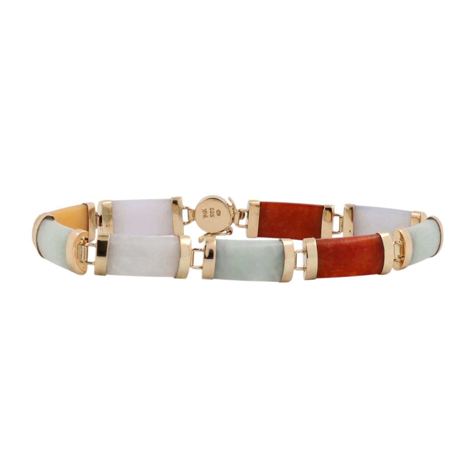 14K Gold Multi Color Jadeite Link Bracelet 6.75" Box Clasp Estate 585