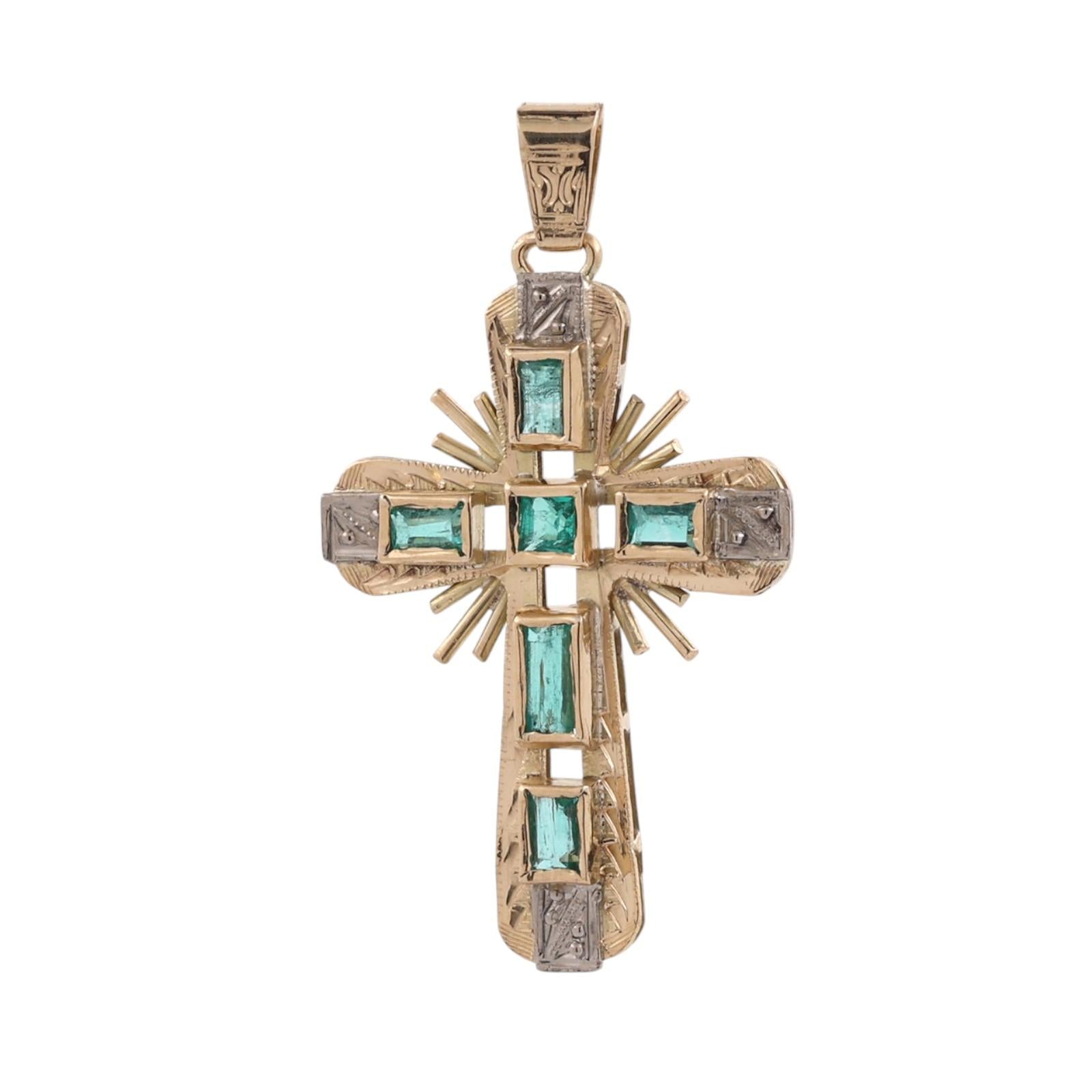 Yellow Gold Natural Emerald Cross Pendant Vintage Estate Religious Charm 0.32CTW